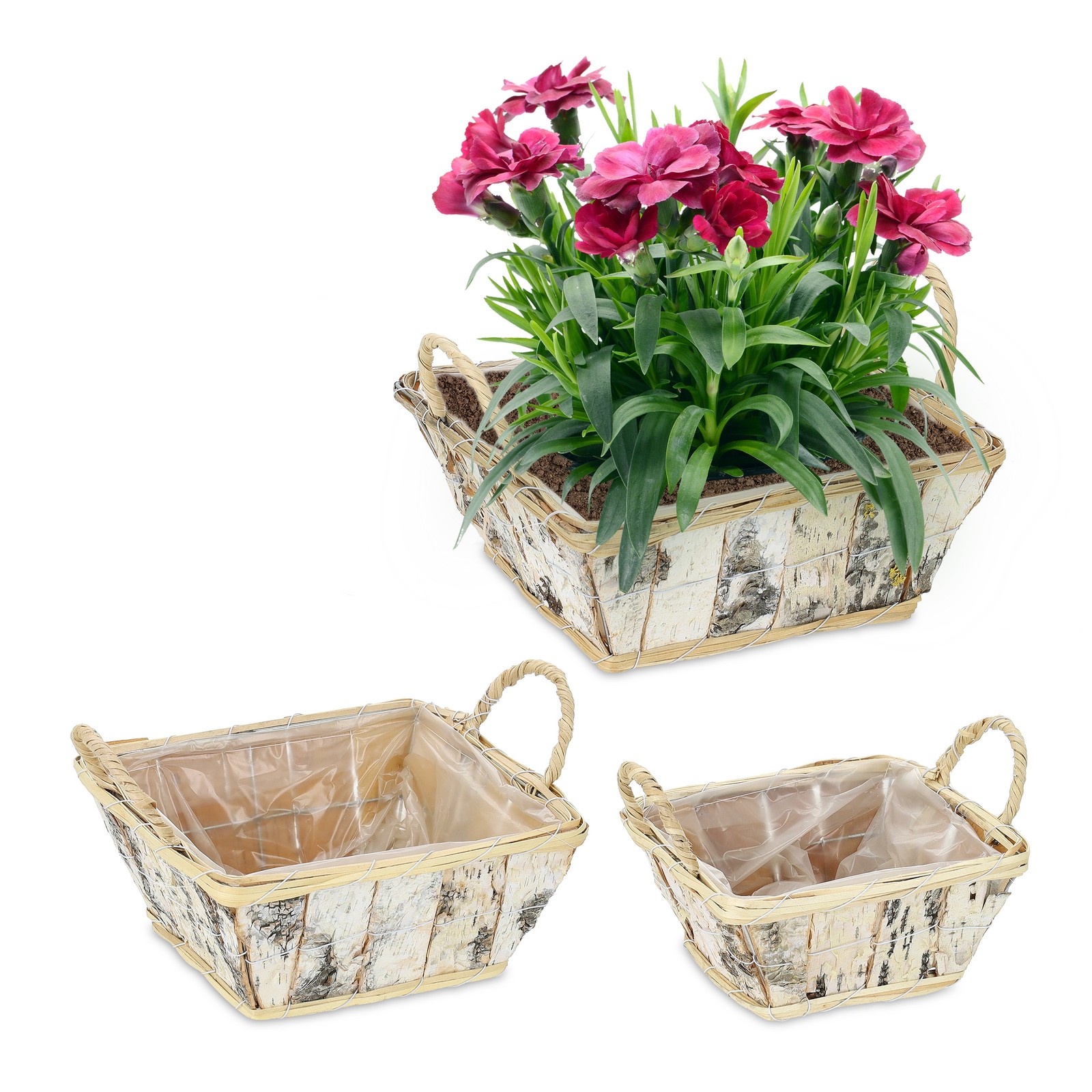 Square Wooden Indoors Balcony Foil Lining Rattan Set Handles Plants Birch Bark