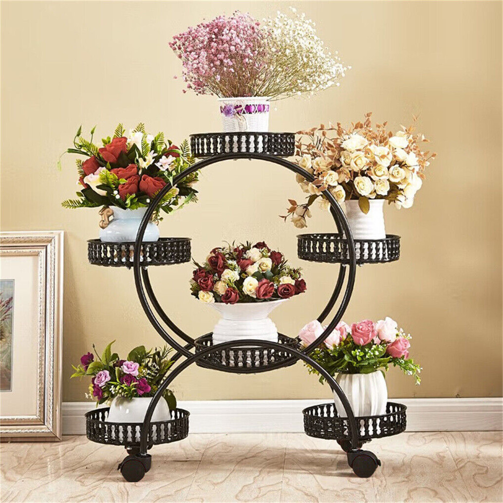 Round Potted Plant Stand Metal Outdoor Indoor Garden Flower Pot Rack Iron Wheel