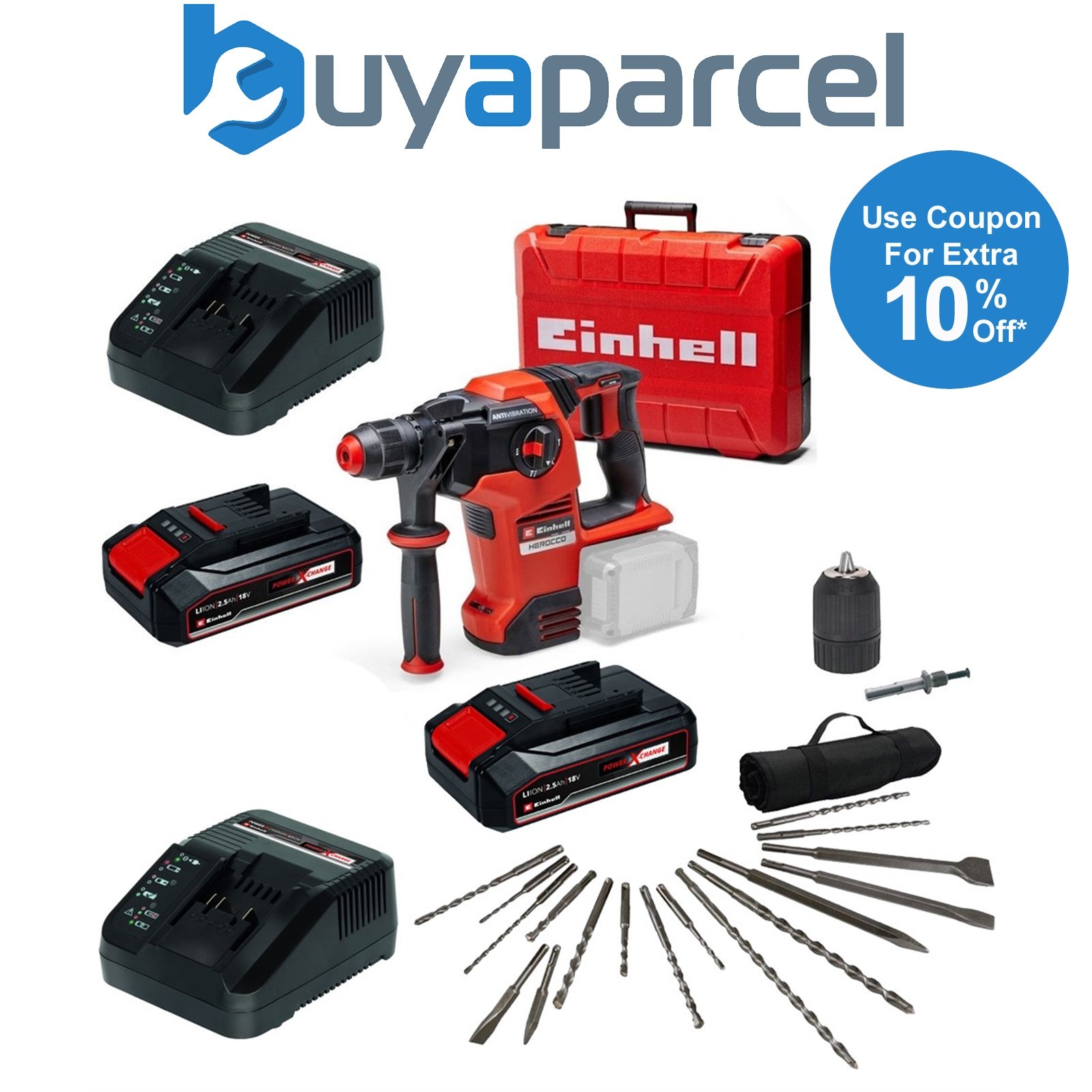 Einhell 18v 36V X-Change Cordless SDS Hammer Drill Kit +17PC Chisel Set + Chuck
