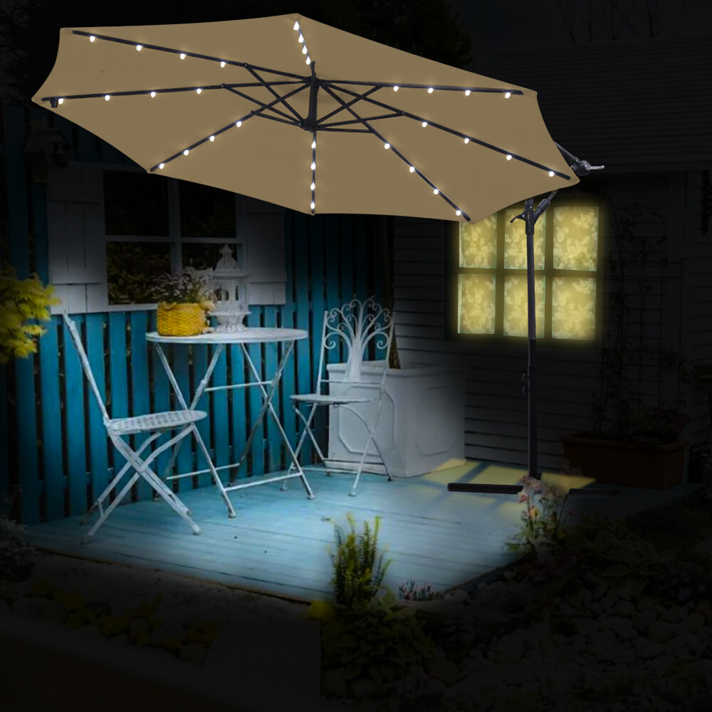 3M Banana Cantilever Umbrella Garden Hanging LED Parasol Sun Shade Patio Taupe
