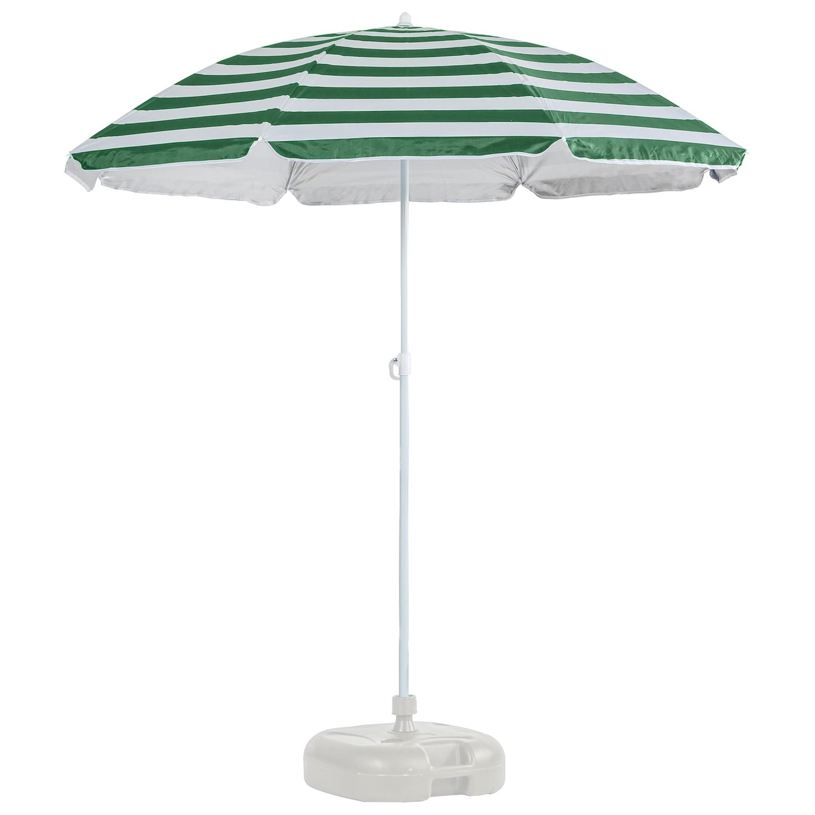 1x Metal Beach Parasol with Base 1.8M x 2M Green Stripe/White UPF50+ Umbrella