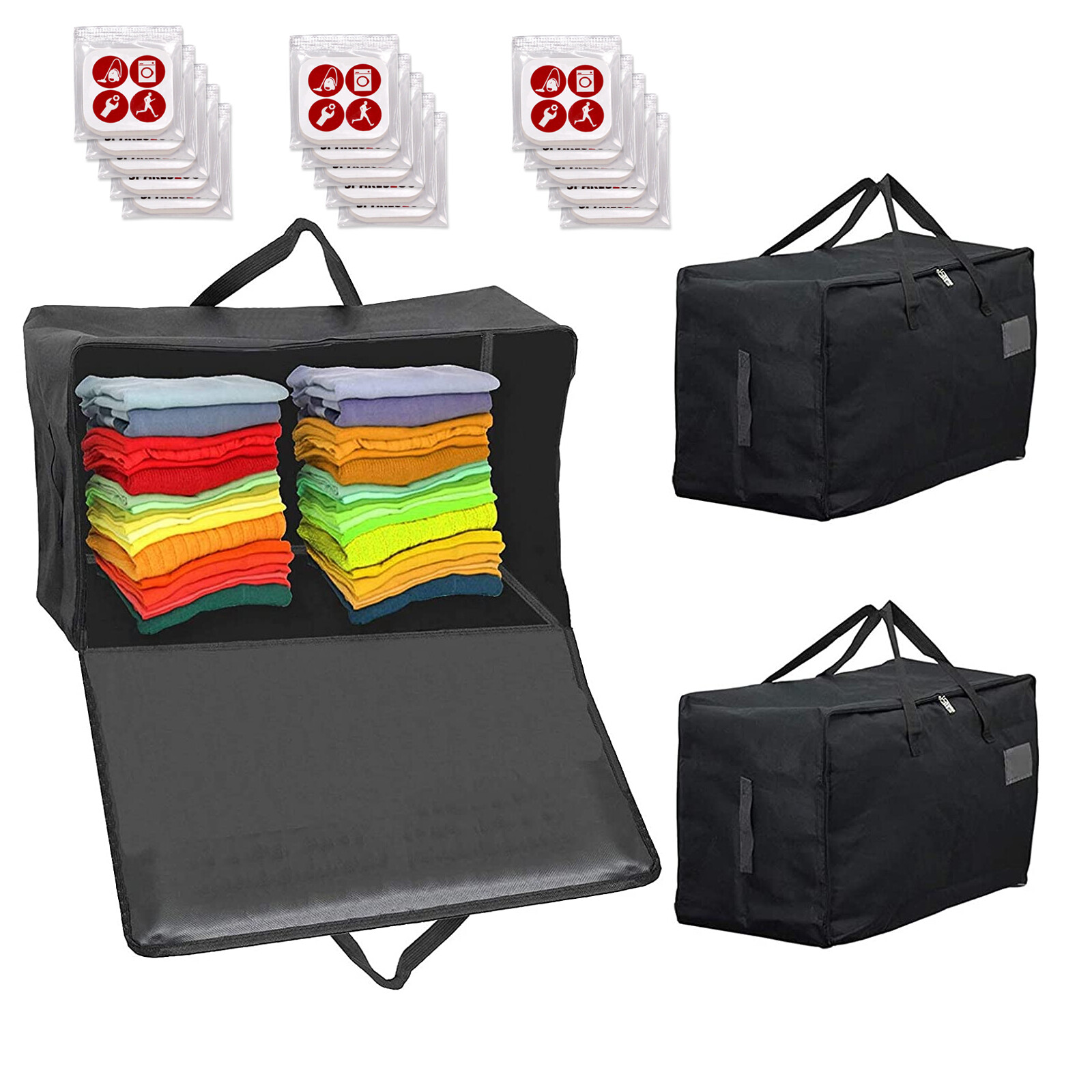 Large Canvas Bag Zipped Clothes Shoes Wardrobe Organiser Storage 100L Black x 3