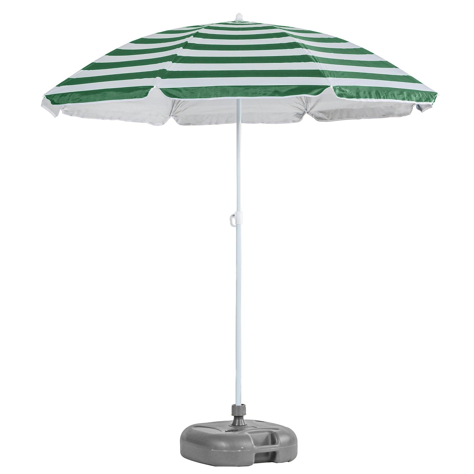1x Metal Beach Parasol with Base 1.8M x 2M Green Stripe/Grey UPF50+ Umbrella
