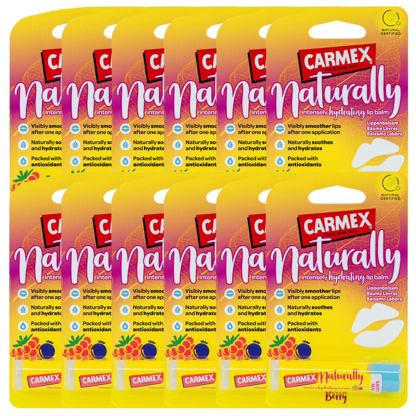 12 x Carmex NATURALLY Berry Lip Balm Natural Hydrating Moisturising Stick 4.25g