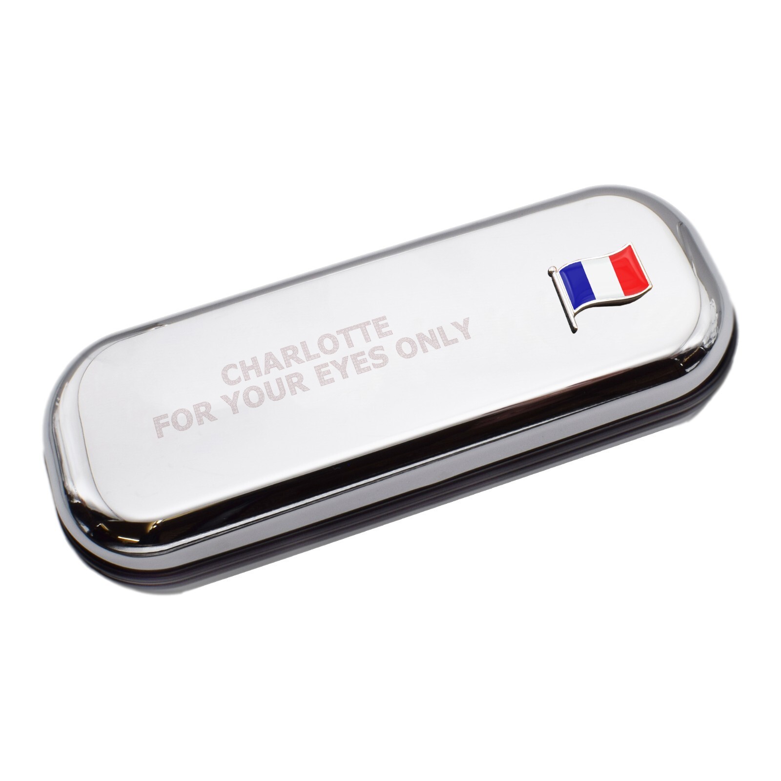 France Wave Flag & Engraved With Message Chromed Glasses Case Box