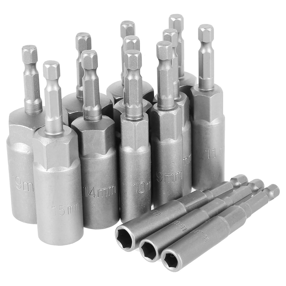 14Pcs Hexagonal Sockets Set, 6-19mm Deep Socket Adapter Kit Hex Shank 2618