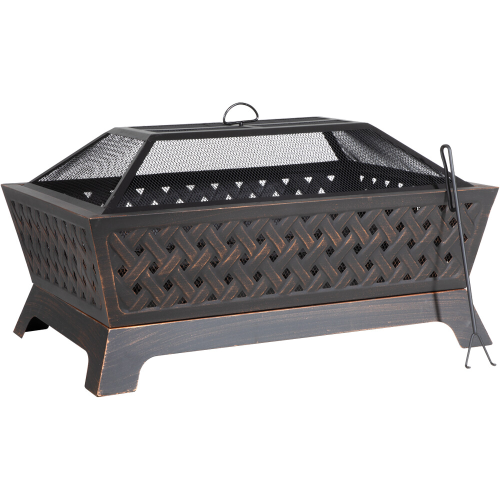 Rectangular Black Fire Pit Wood Burner - Modern Outdoor Garden Heater Mesh Lid