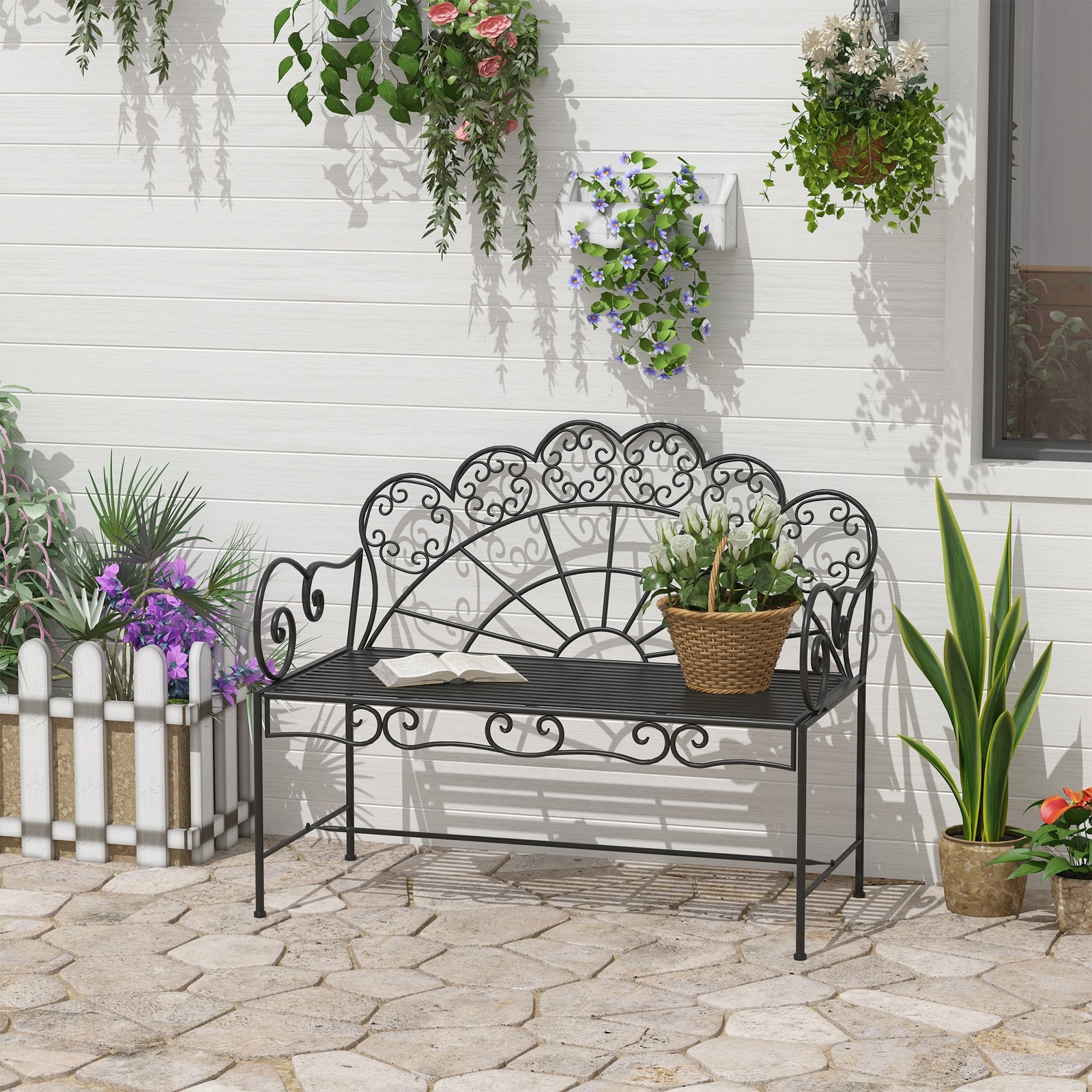 Metal Garden Bench, Outdoor Patio Garden Loveseat with Slatted Seat, Black