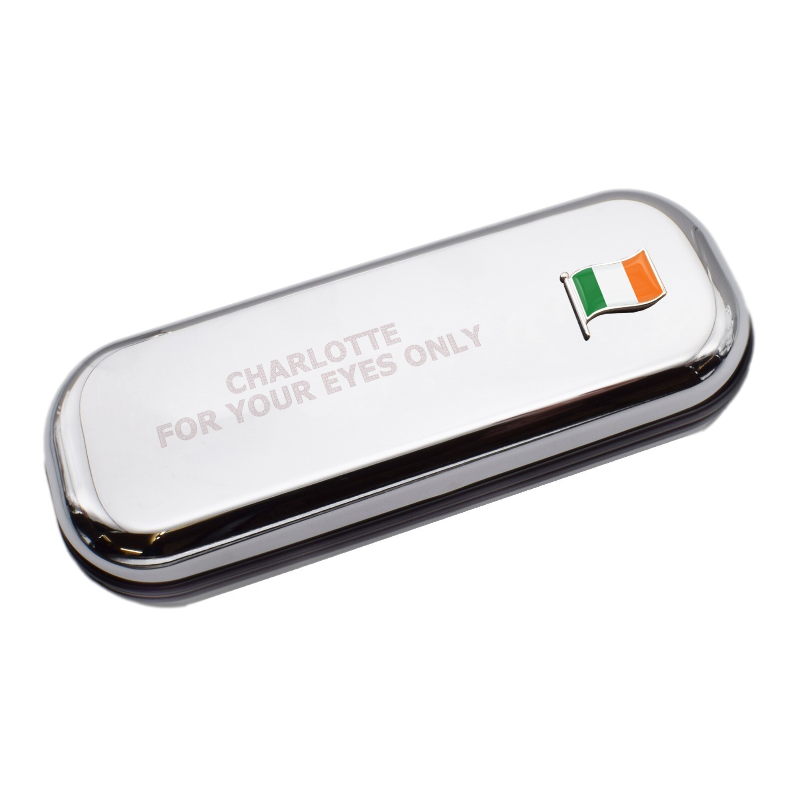 Ireland Wave Flag & Engraved With Message Chromed Glasses Case Box