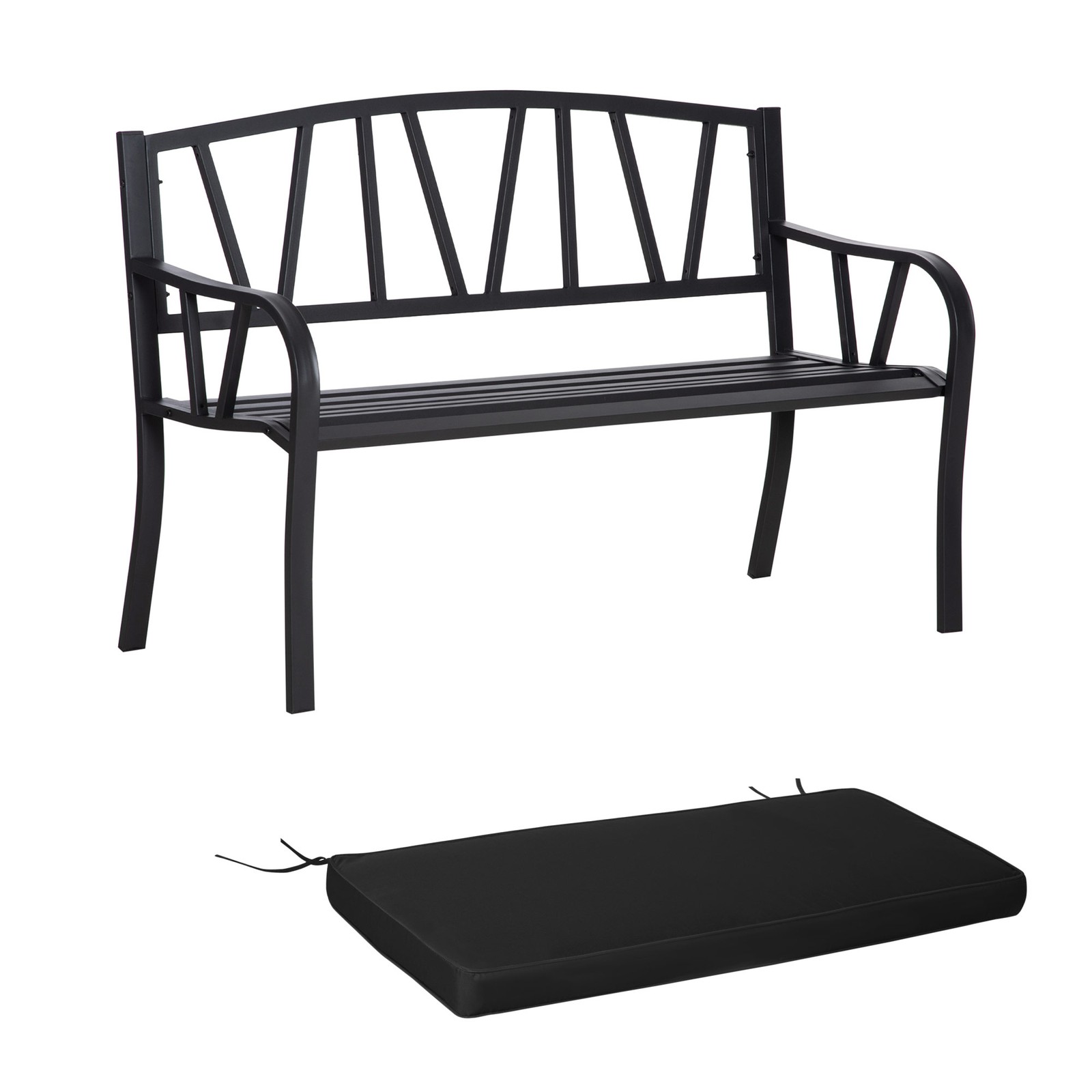 Outsunny 2-Seater Metal Garden Bench w/Cushion, Backrest&Armrest, Black