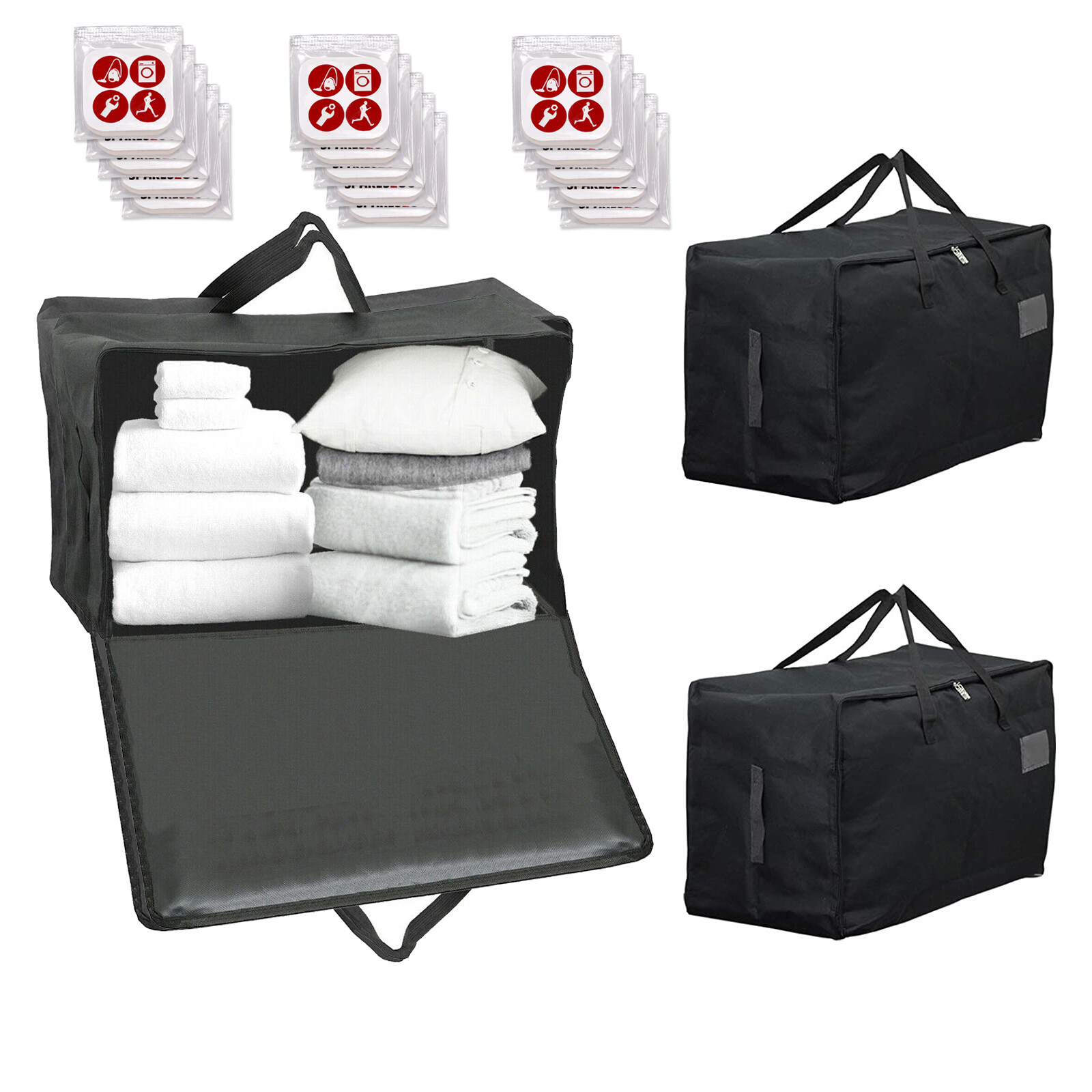 Large Canvas Bag Zipped Laundry Washing Clothes Storage Zip 100L Black x 3