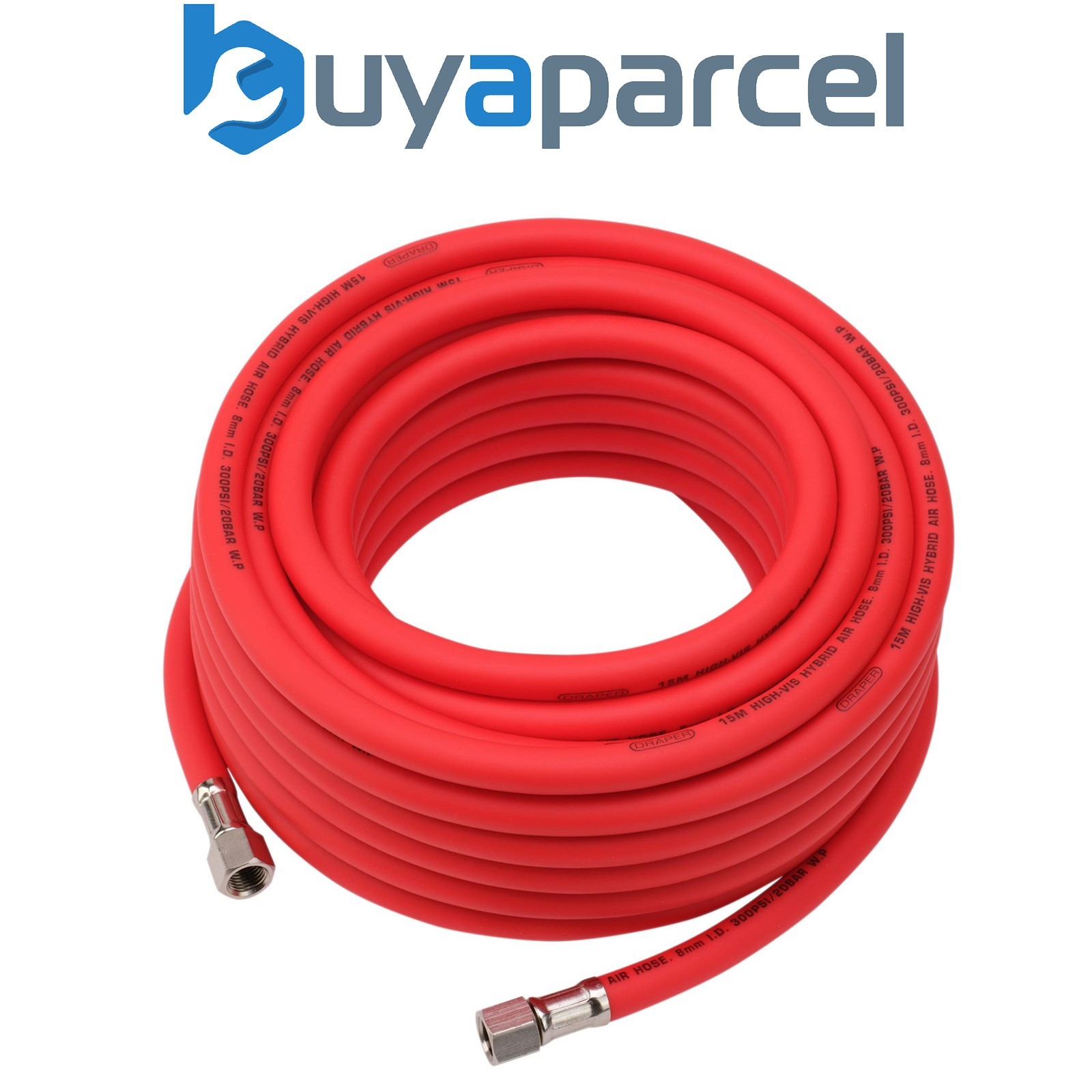 Draper 31735 High Visibility Hybrid Air Hose, 15m x 8mm, 1/4" BSP, Red