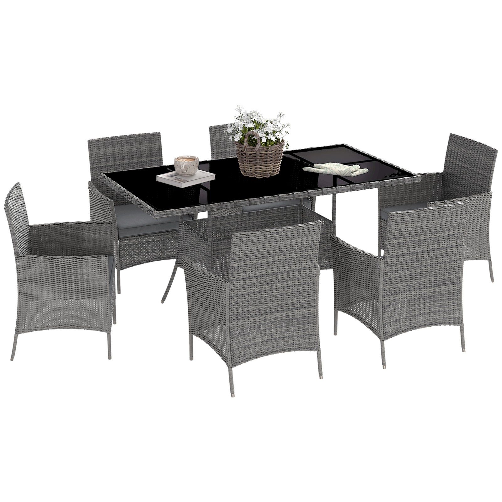 Outsunny Rattan Dining Set for 6 with Cushions, Glass Top Table