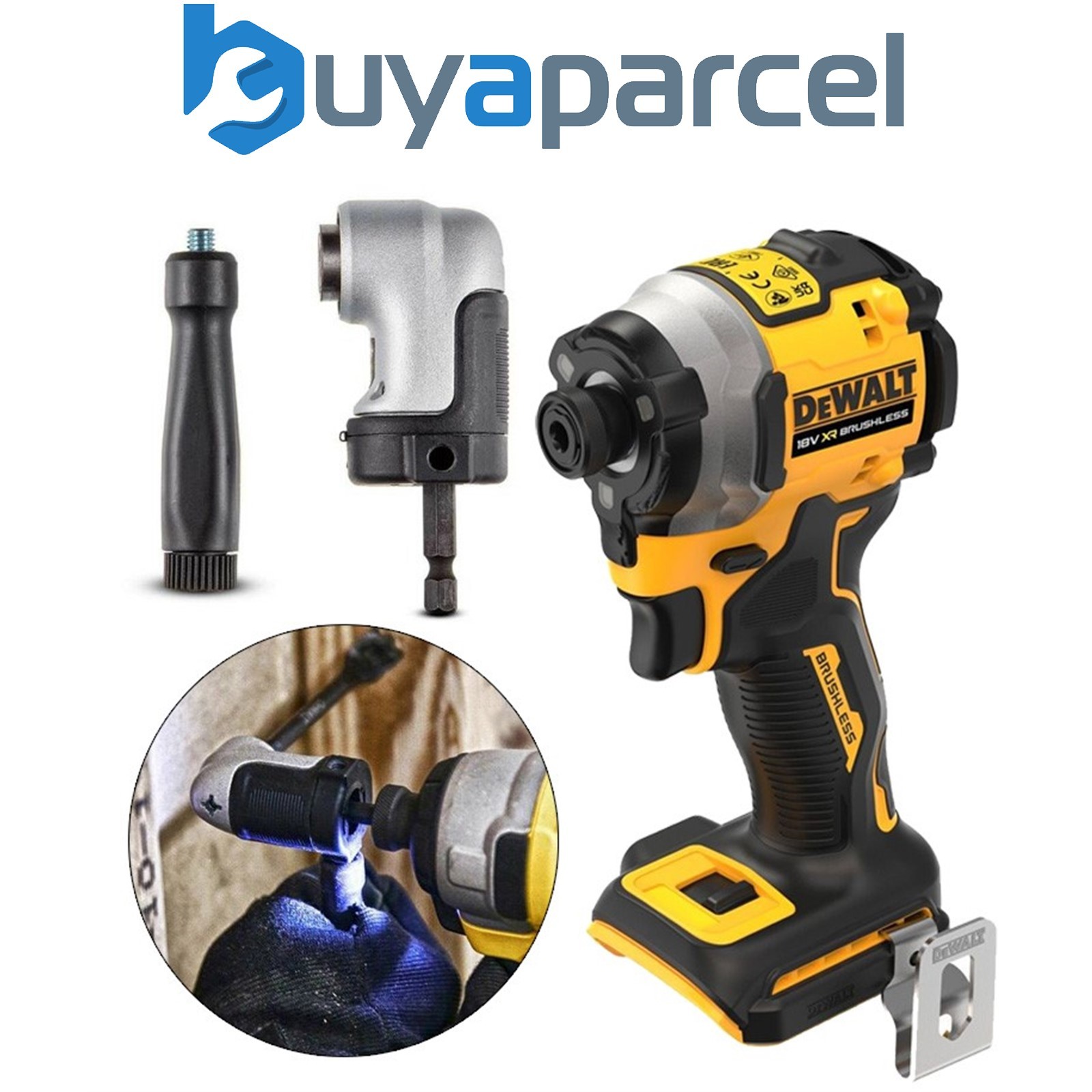 Dewalt DCF850N 18v XR Brushless Compact Impact Driver + Right Angle Drill Attach