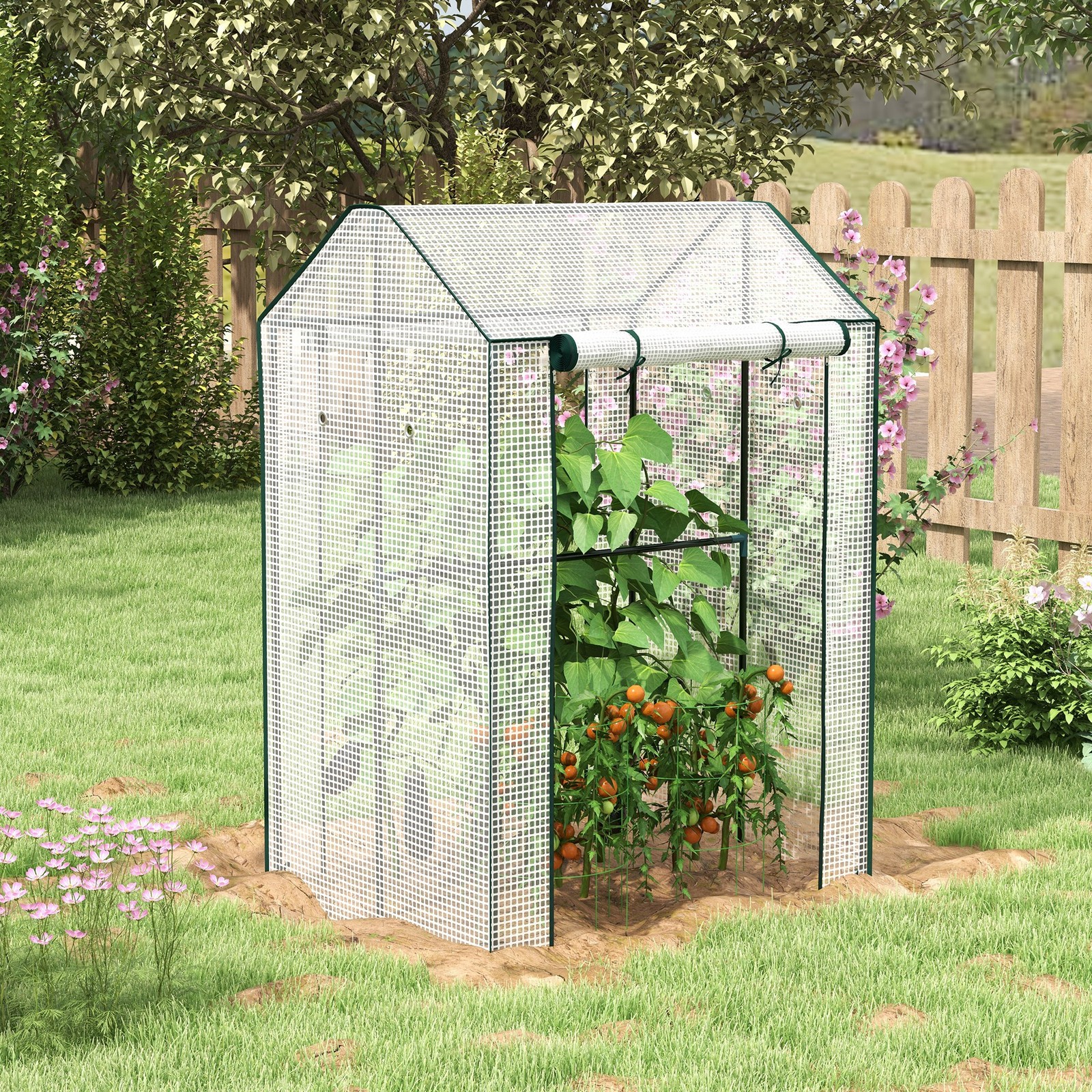 Mini Greenhouse with 2 Roll-up Doors, Vent Holes and Reinforced PE Cover