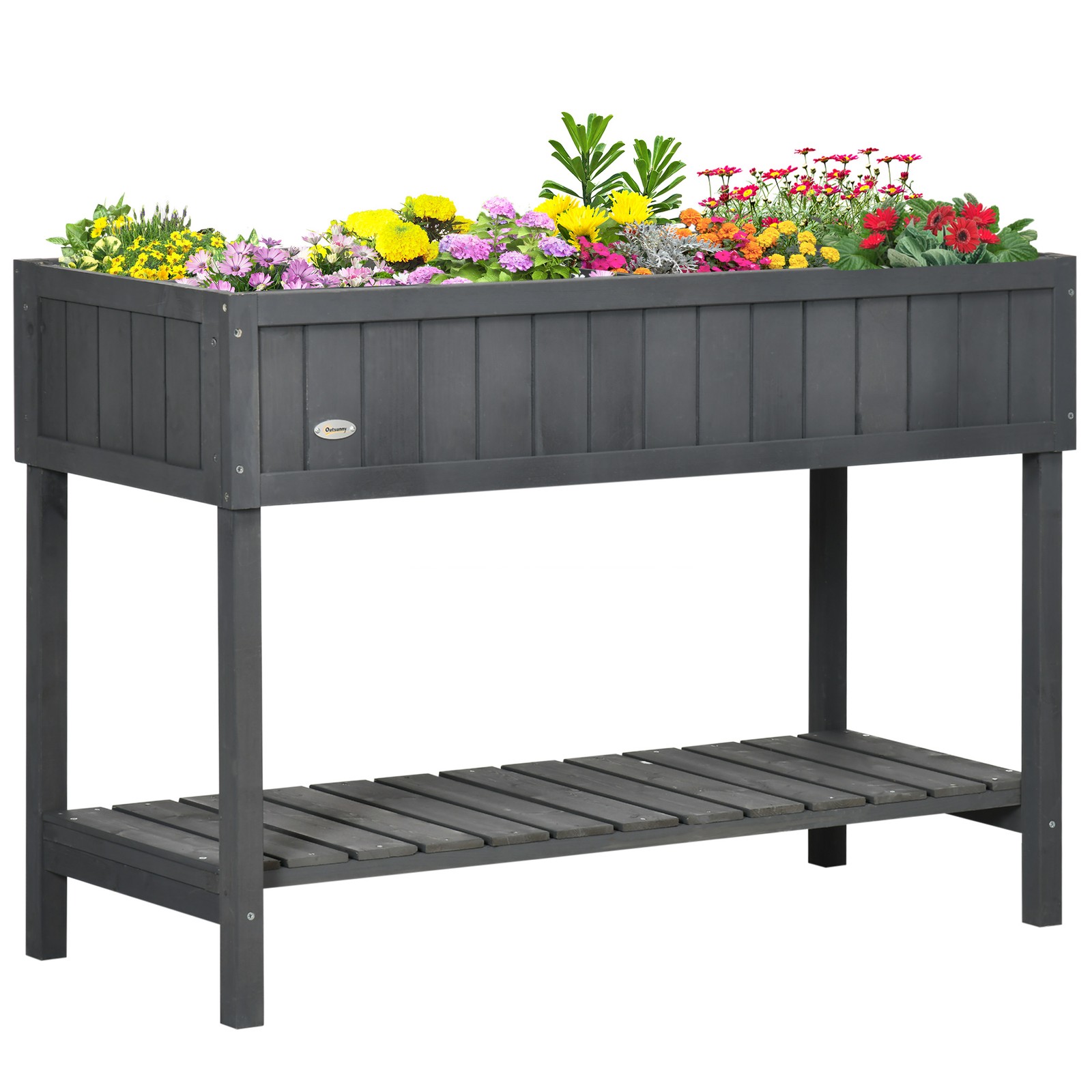 Outsunny Wooden Herb Planter Stand 8 Cubes Bottom Shelf Raised Bed Dark Grey
