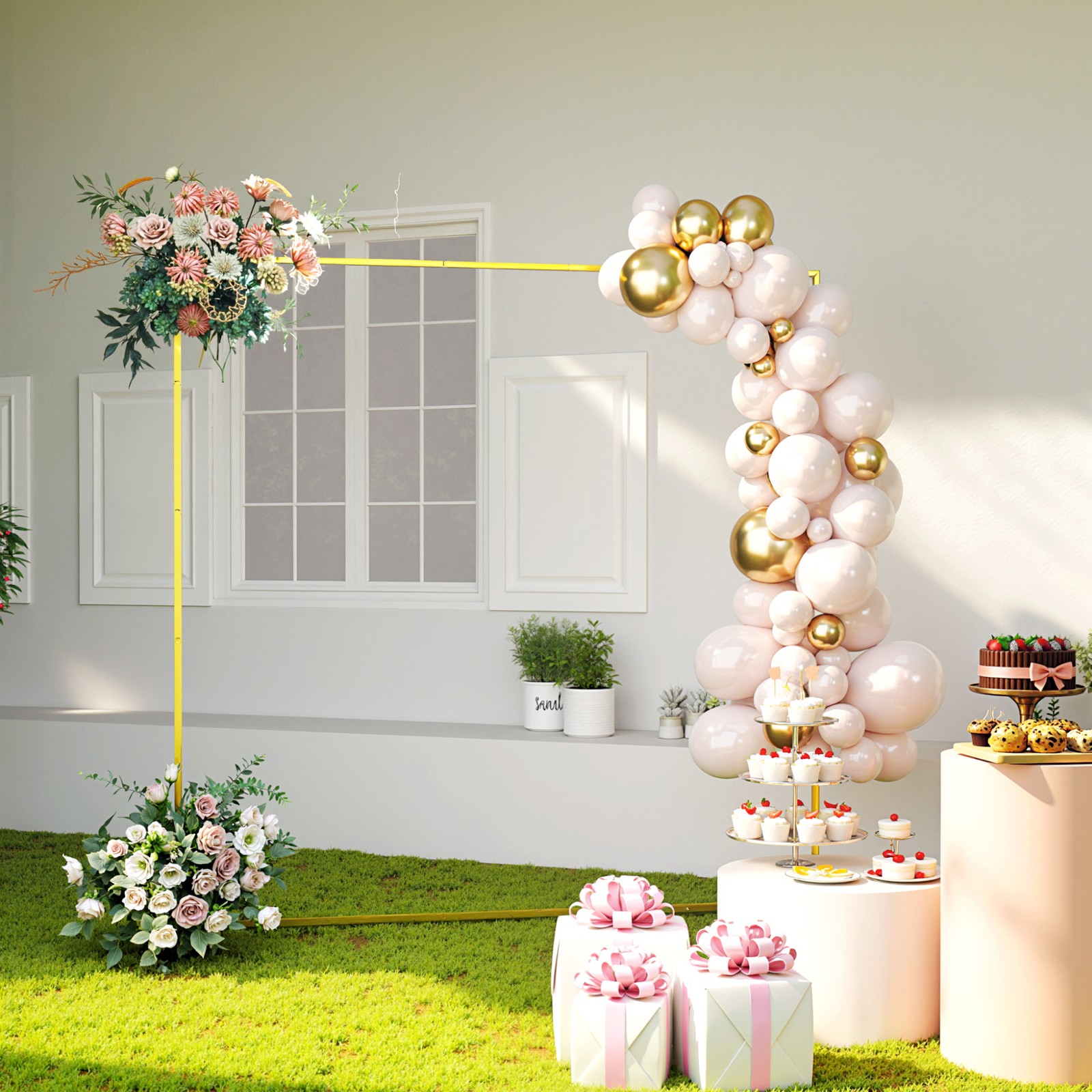 Wedding Arch Backdrop Stand Square Metal Arch Frame with U-shaped Stakes, Gold