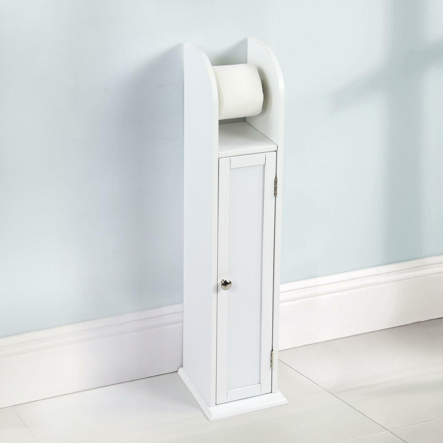 Bathroom Toilet Paper Roll Holder Floor Standing Storage Cabinet White Wooden