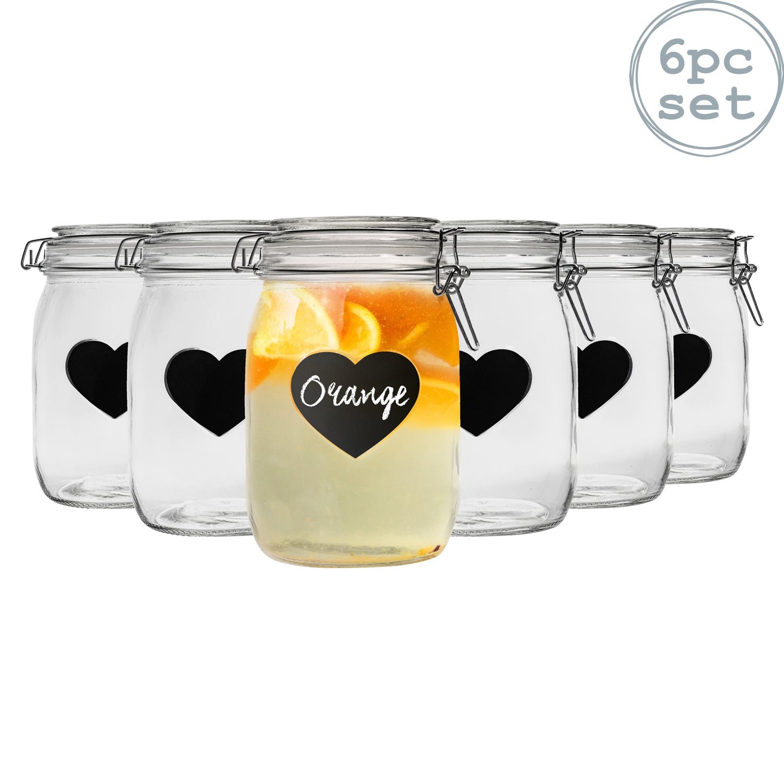 6x Heart Glass Storage Jars with Labels Food Container Clip 1 Litre Clear Seal