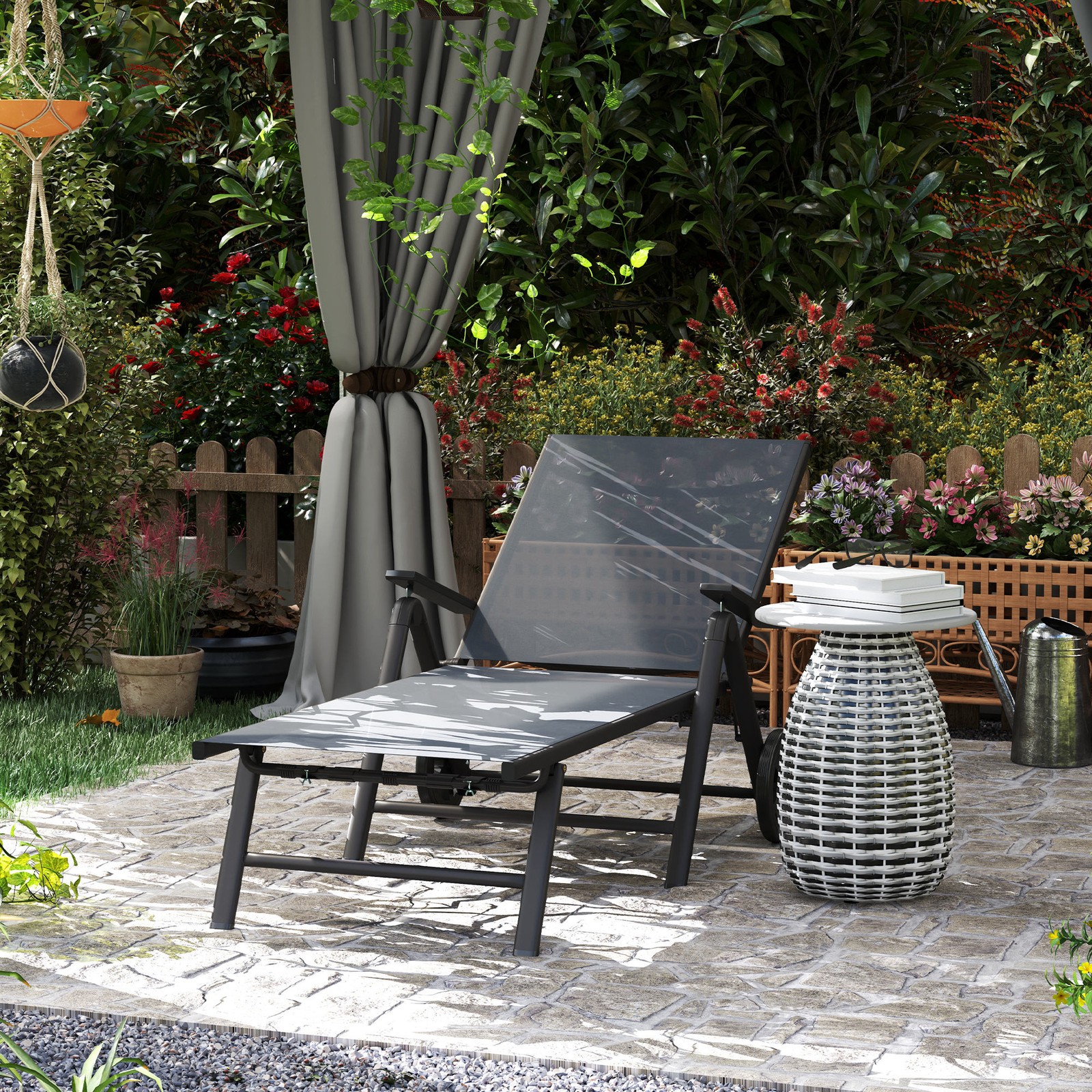 Folding Sun Lounger w/ Wheels, 5-Position Adjustable Chaise Lounge, Grey