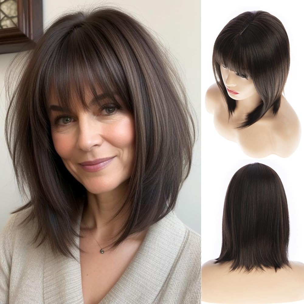 Brown Bob Wig Short Straight Bangs Wig for Women Synthetic Heat Resistant Hair