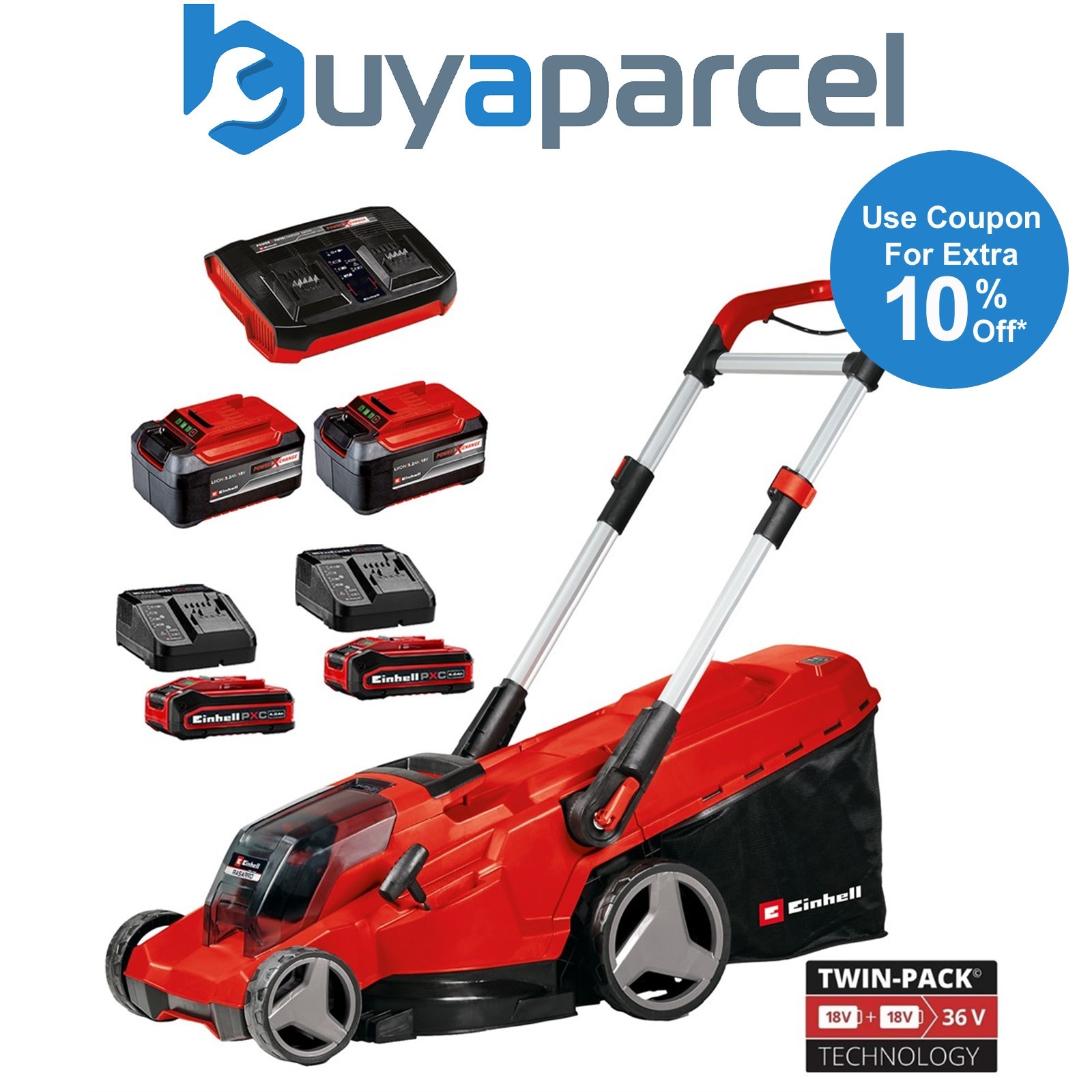 Einhell Cordless 18/36v Lawnmower 42cm RASARRO 36/42 PXC X2 5.2Ah + X2 4AH Kit