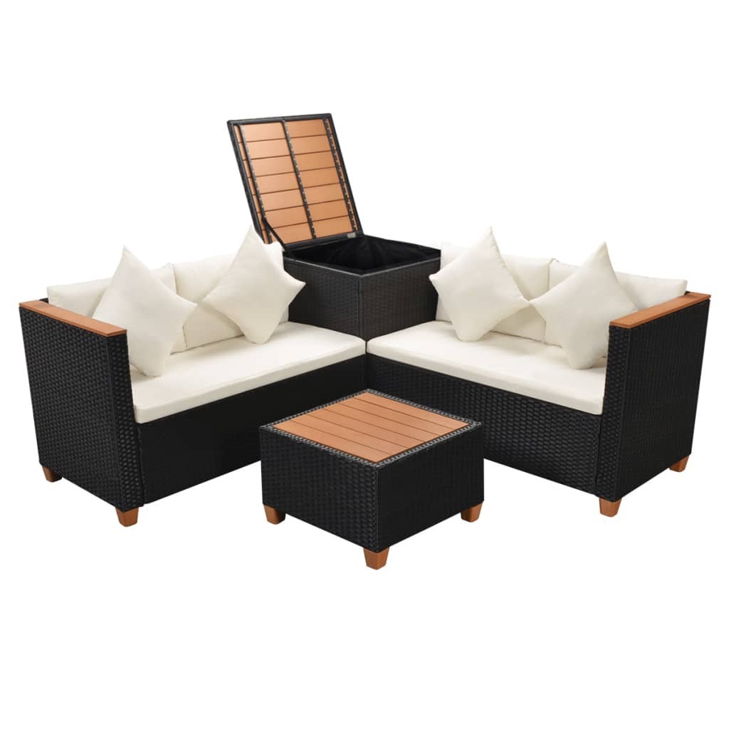 Garden Lounge Set with Cushions 4 Piece Black Poly Rattan Sofa Table vidaXL