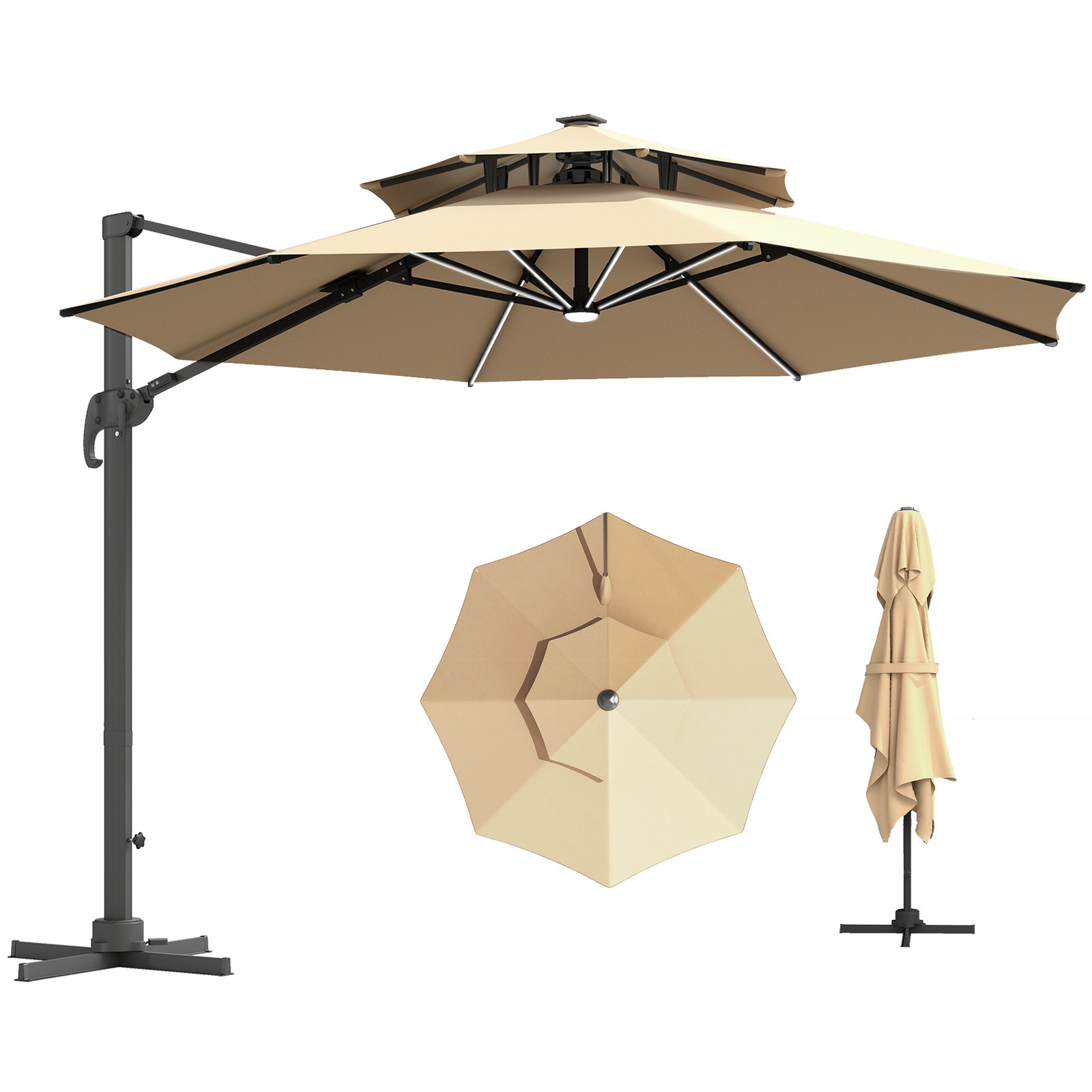 Outsunny 3m Cantilever Parasol Solar Lights Power Bank Base Beige