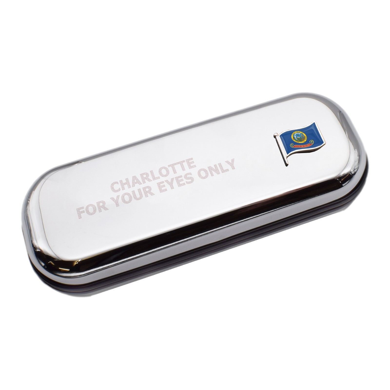 Idaho Wave Flag & Engraved With Message Chromed Glasses Case Box