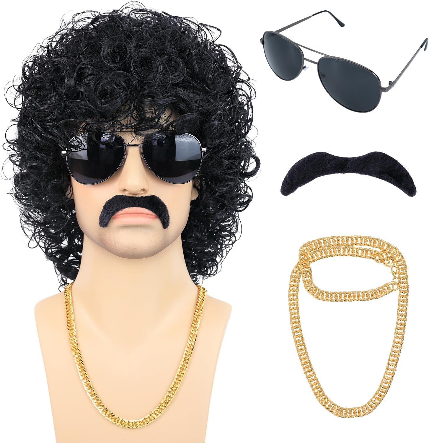 80s Short Black Curly Wig for Men with Mustache Glasses and Chain 70s Mullet Wi