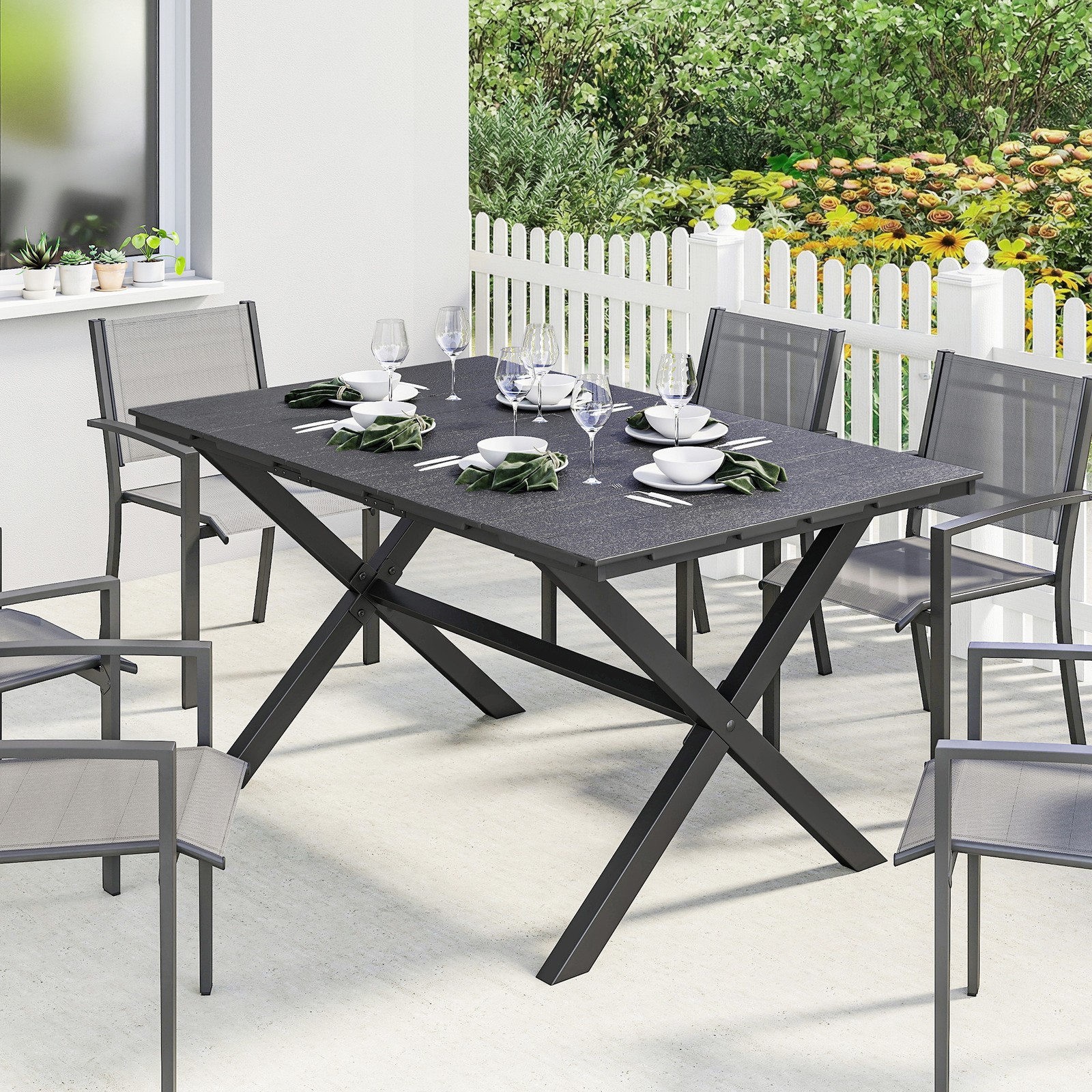 Garden Dining Table, Outdoor Table for 6, Wood Effect HDPE Top, Black