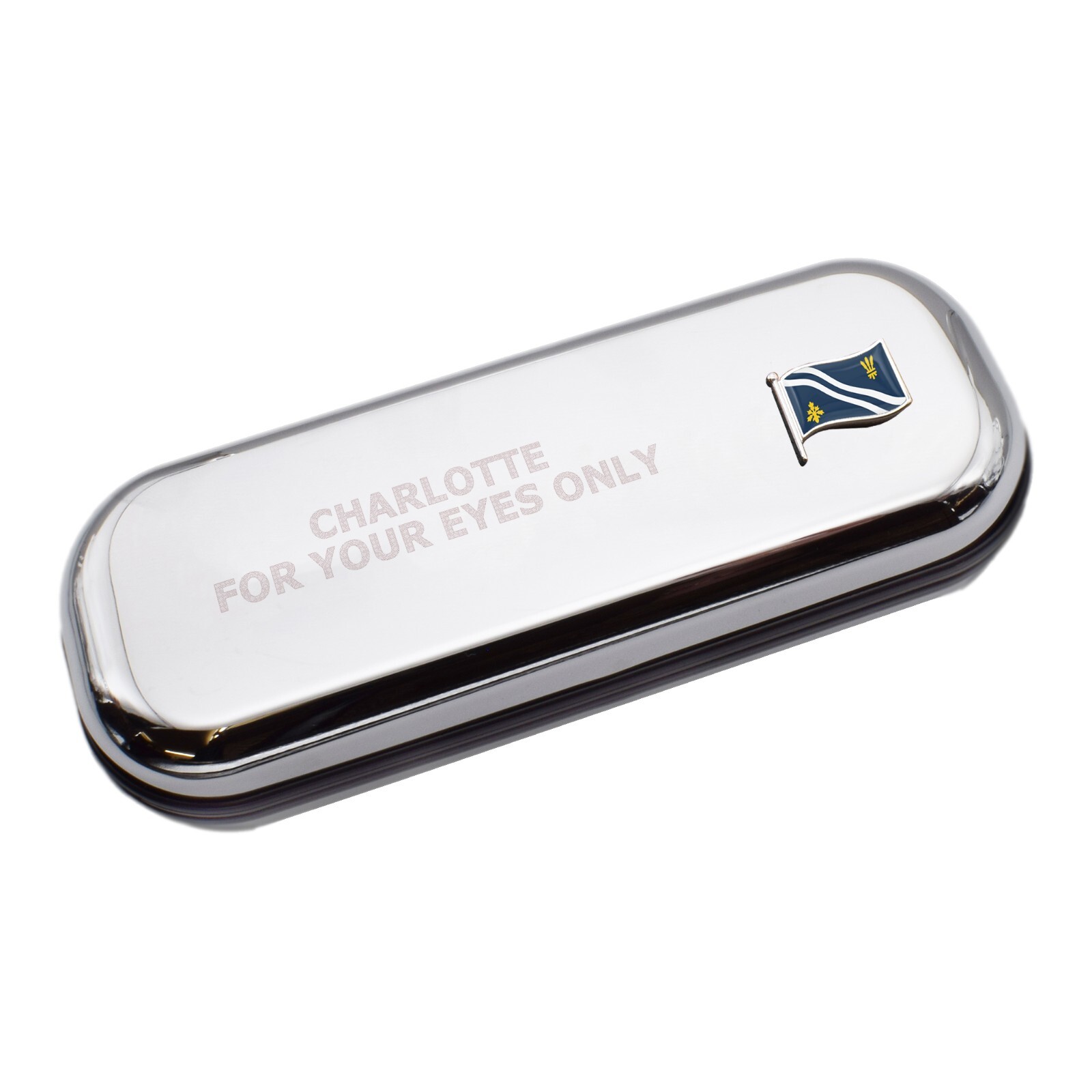 Oxford Wave Flag & Engraved With Message Chromed Glasses Case Box