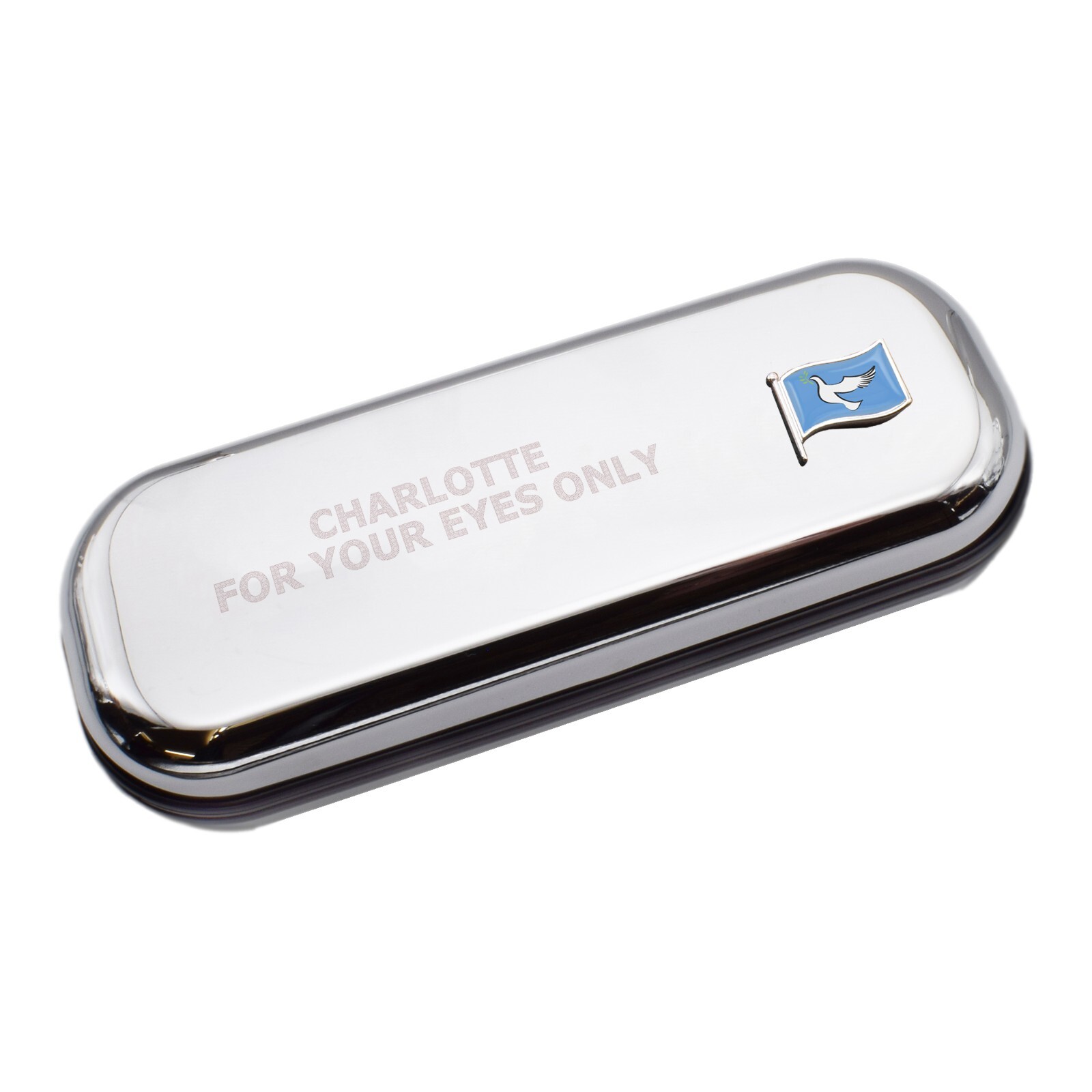 Peace Wave Flag & Engraved With Message Chromed Glasses Case Box