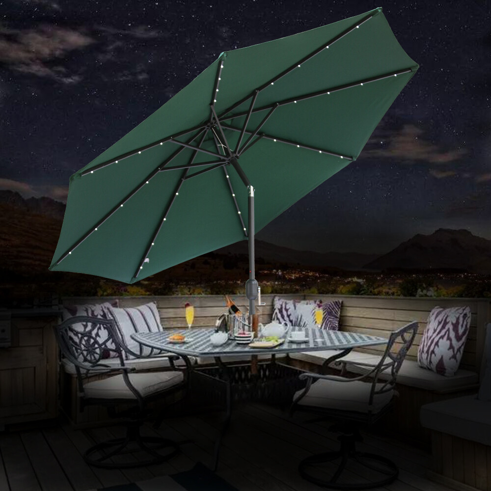 Round Garden Solar Patio Parasol LED Sun Shade Umbrella Crank Tilt 2.7M Green