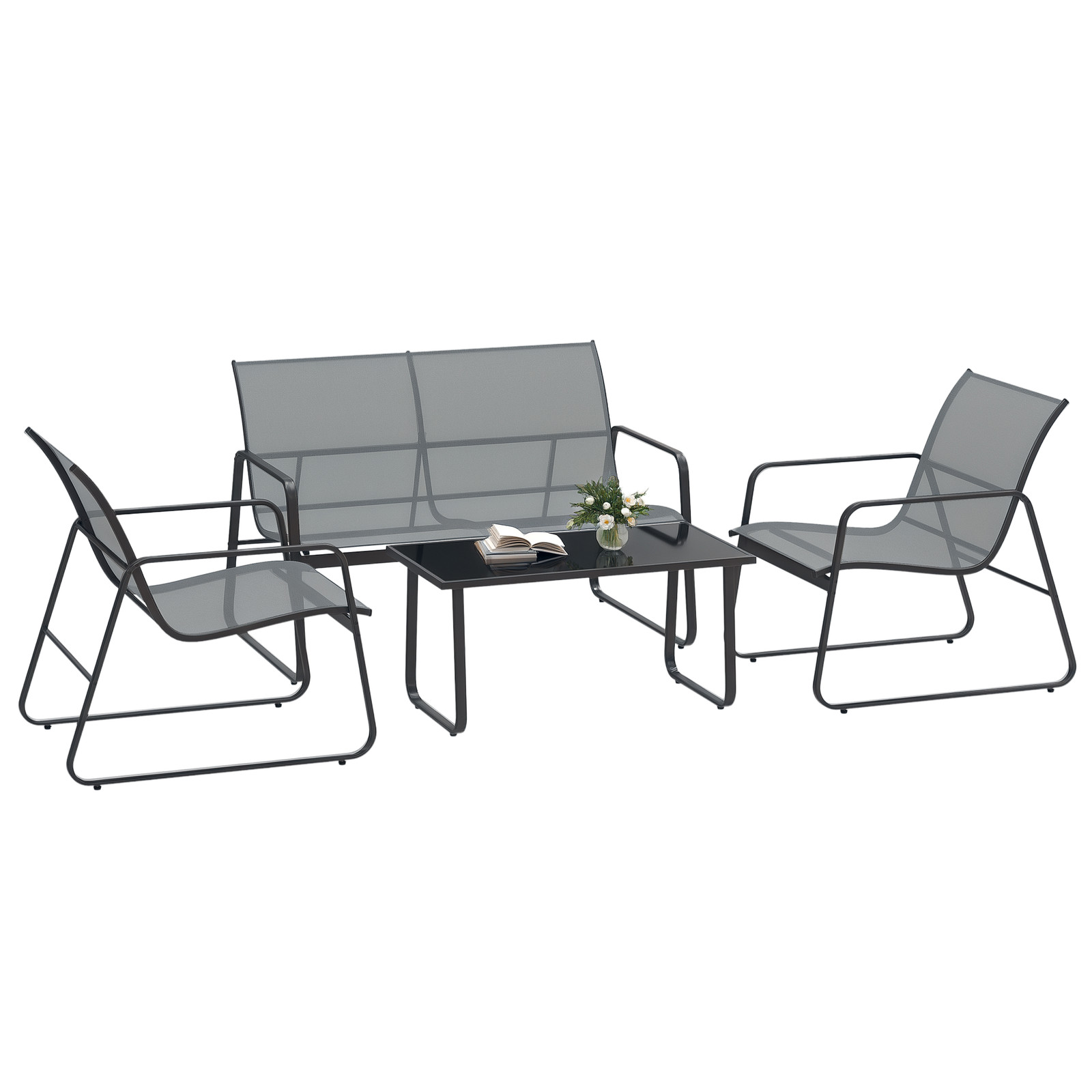 Outsunny 4 Piece Garden Furniture Set Patio Sofa Set w/ Chairs, Glass Top Table