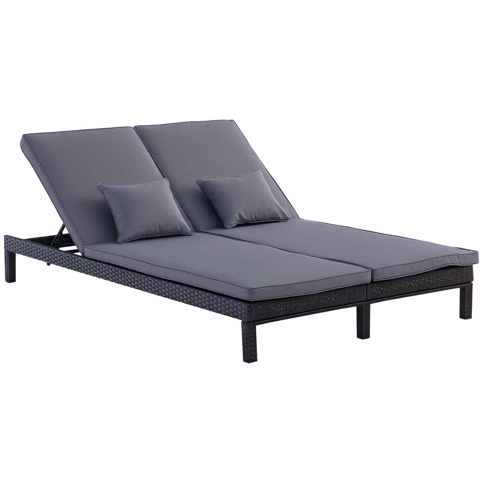 Outsunny 2 Person Rattan Lounger Adjustable Double Chaise Chair w/ Cushion Black