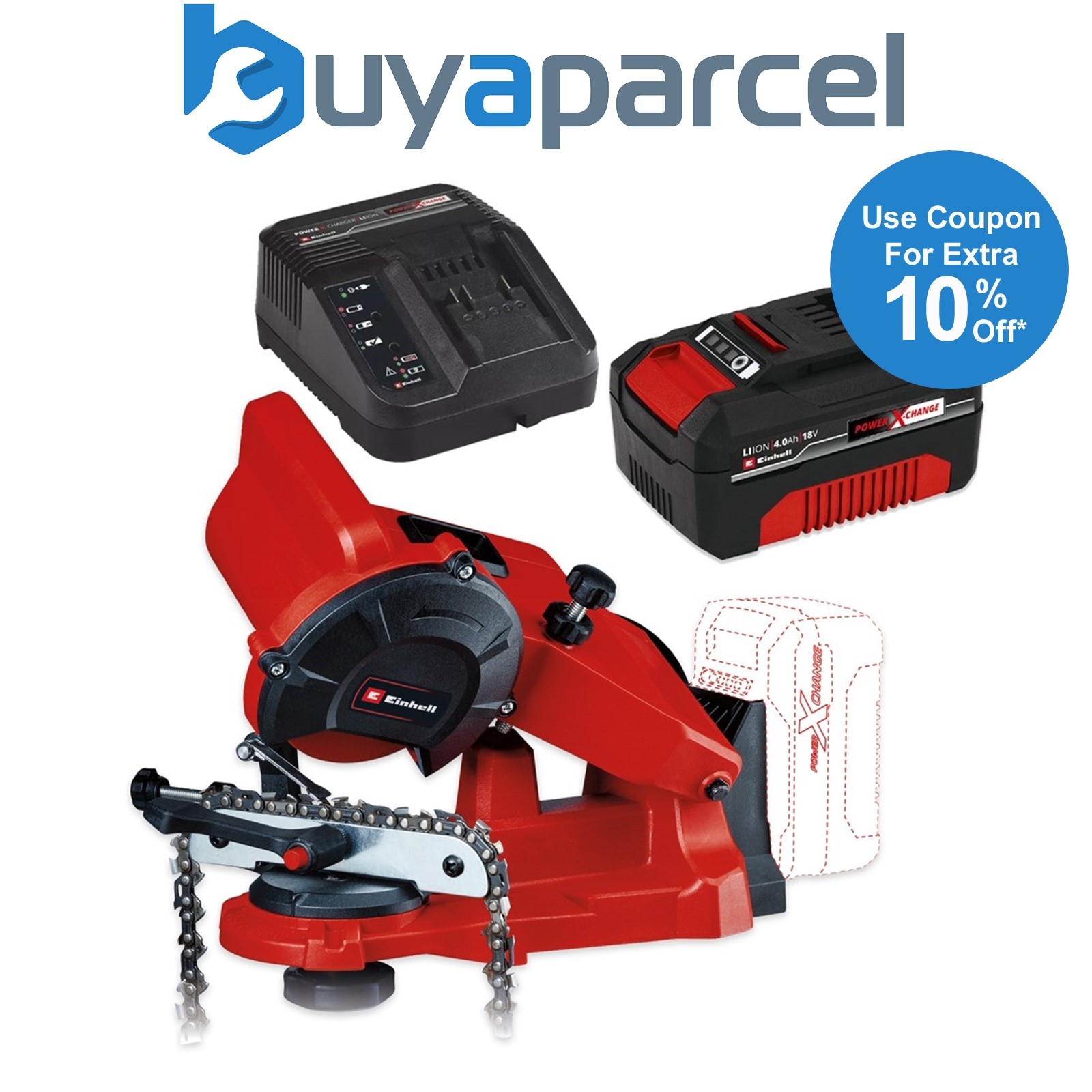 Einhell 18v Cordless Chain Sharpener Power X-Change + 4Ah Battery + Charger