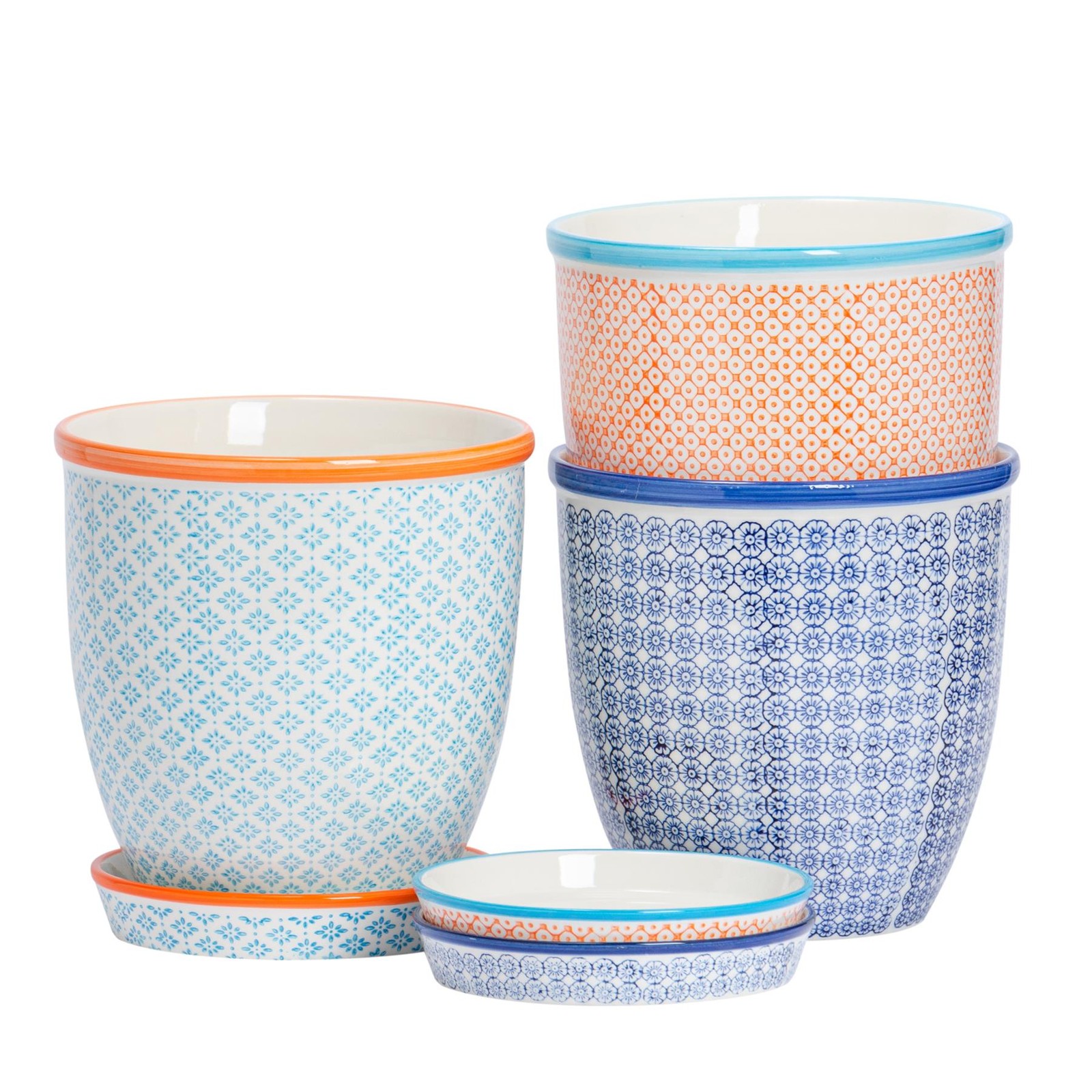 3x Hand-Printed Plant Pots with Saucers Garden Flower Planter 20.5cm 3 Colours