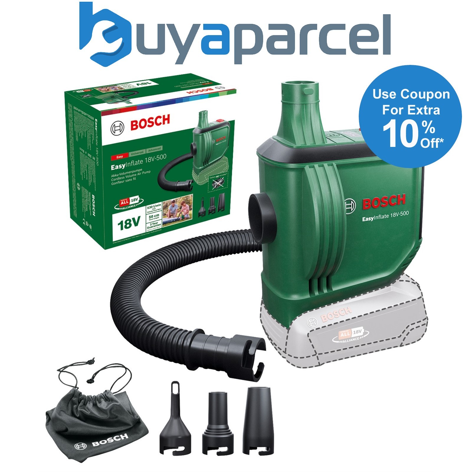 Bosch EasyInflate 18v 18V-500 Cordless Volume Air Pump Inflator + Nozzles - Bare