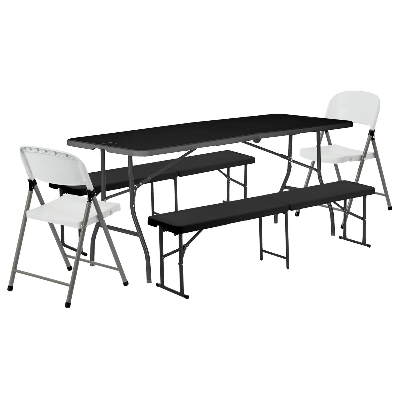 Folding Camping Picnic Table, Bench & Chair Set 180cm (6ft) Black Furniture