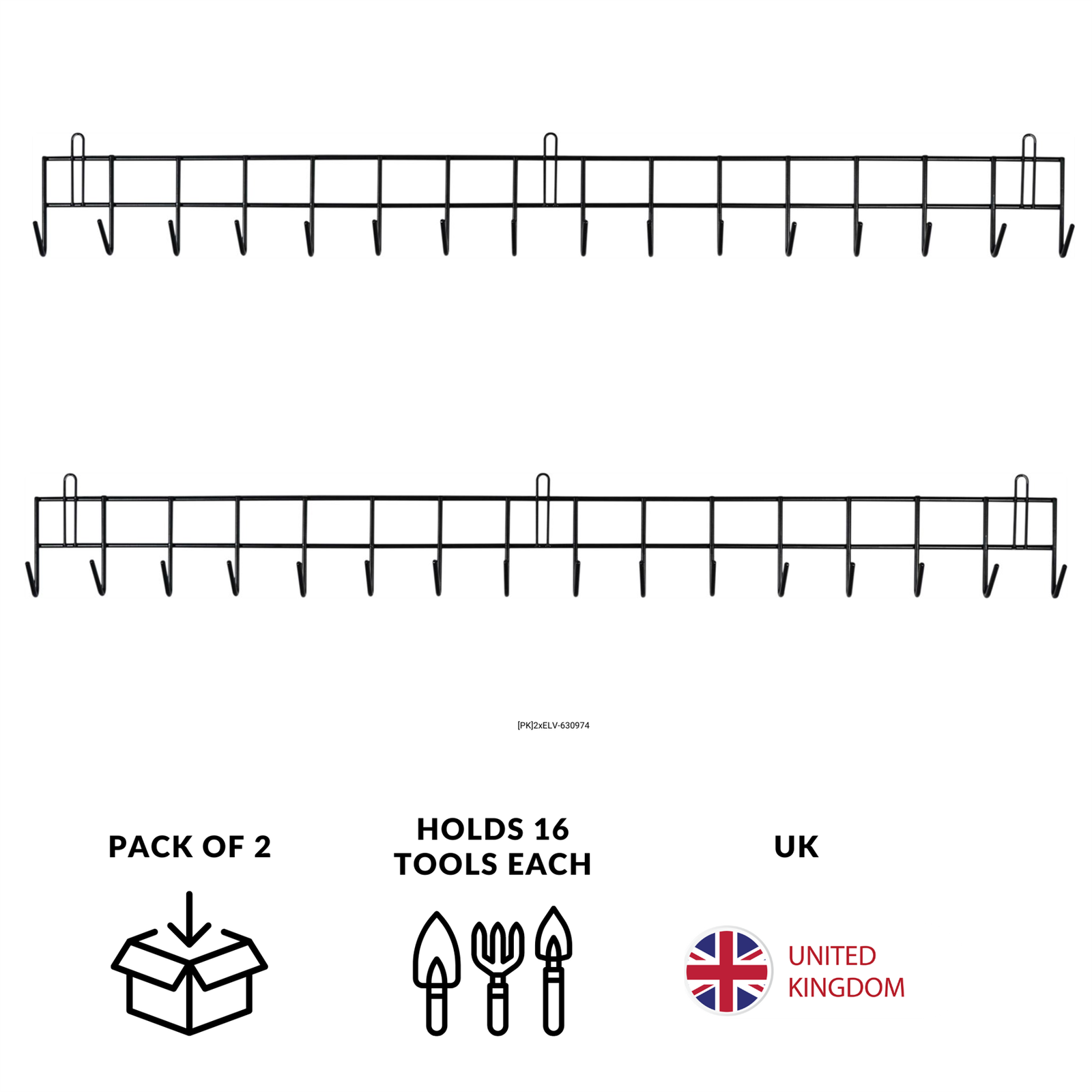 16 Hook Wall Mounted Garden Tool Storage Rack Hanger Shed & Garage - PACK OF 2