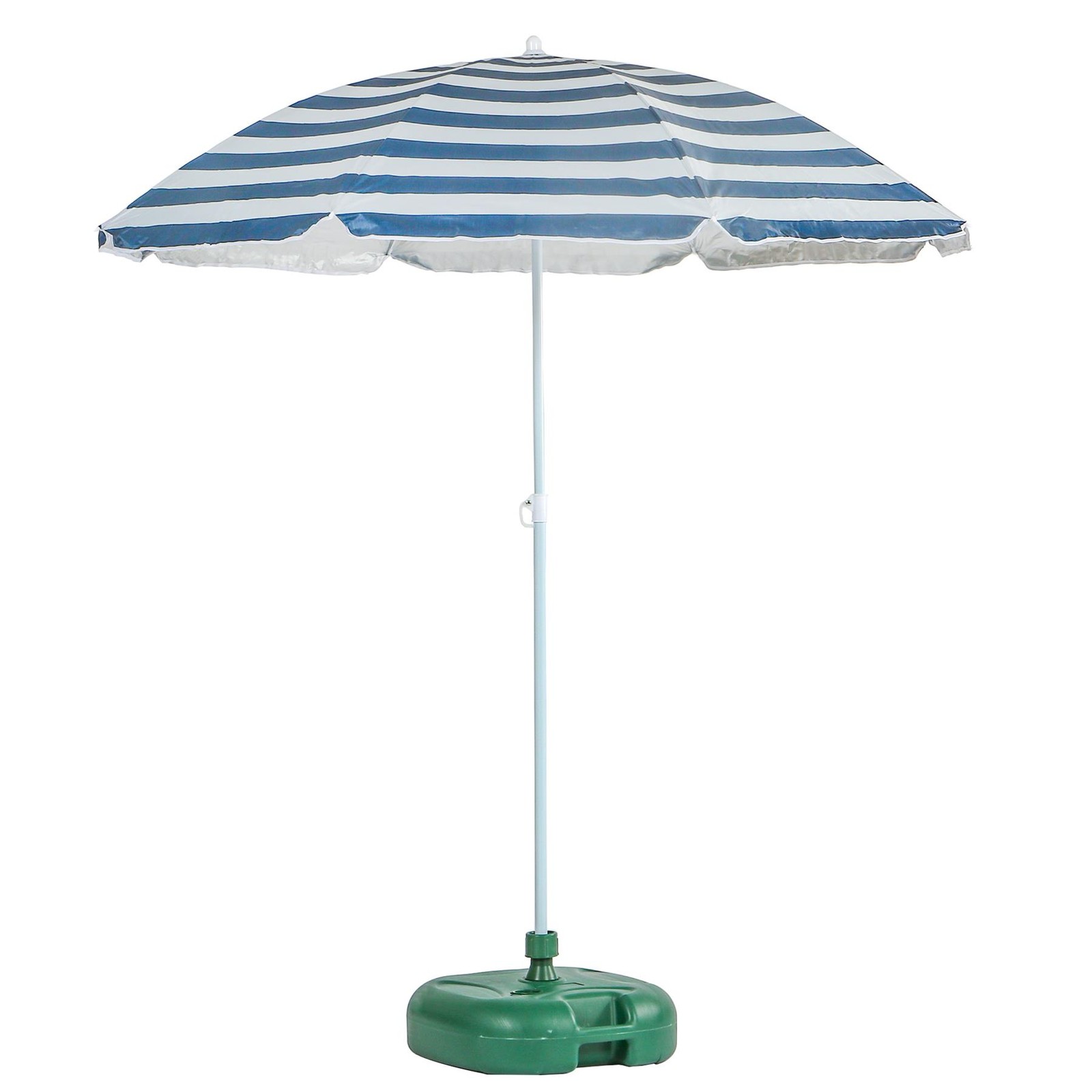 Metal Beach Parasol with Base 1.8M x 2M Blue Stripe/Green UPF50+ Garden Umbrella