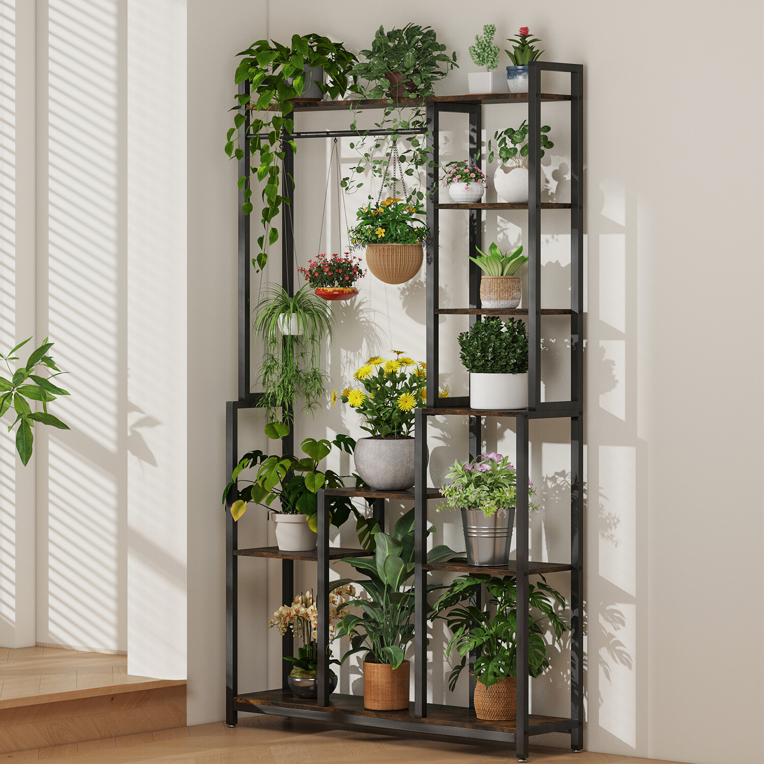 7Tier Indoor Plant Stand Industrial Wood Flower Stand Display Rack w Hanging Rod
