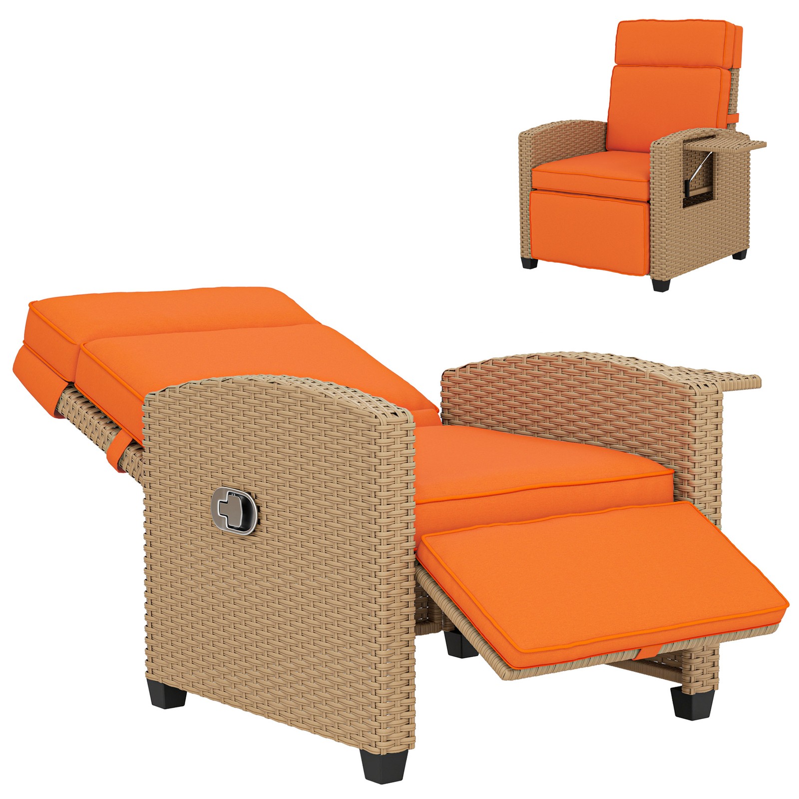 Outsunny Rattan Garden Recliner Sun Lounger w/ Flip Table, Khaki/Orange
