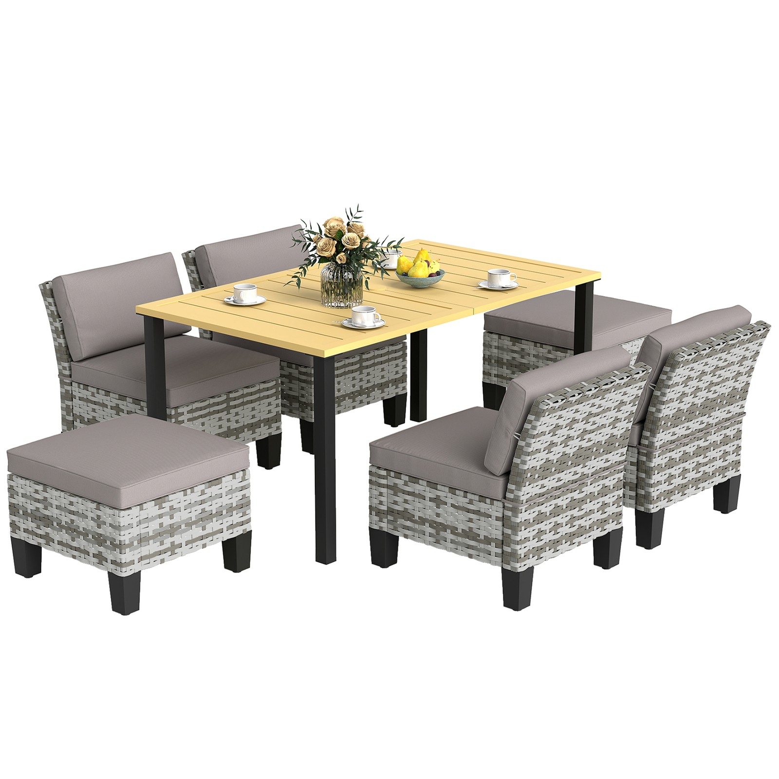 Outsunny 7 PCS Rattan Garden Dining Set with Cushions, Umbrella Hole, Grey