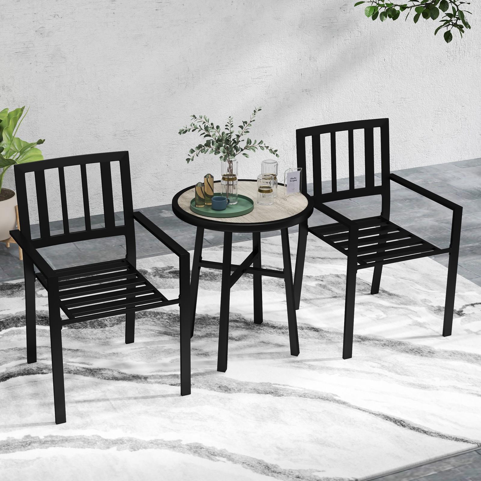 3 Piece Patio Bistro Set, Garden Dining Set with Table & 2 Stackable Chairs