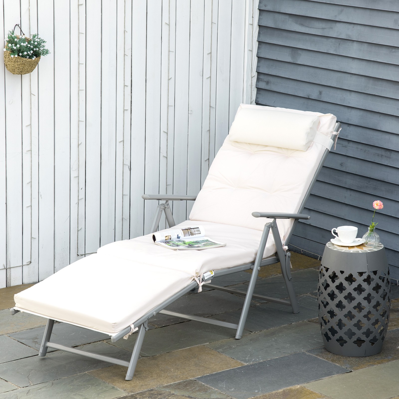 Chaise Lounge Chair Folding Pool Beach Sun Lounger Adjustable Padded Seat White