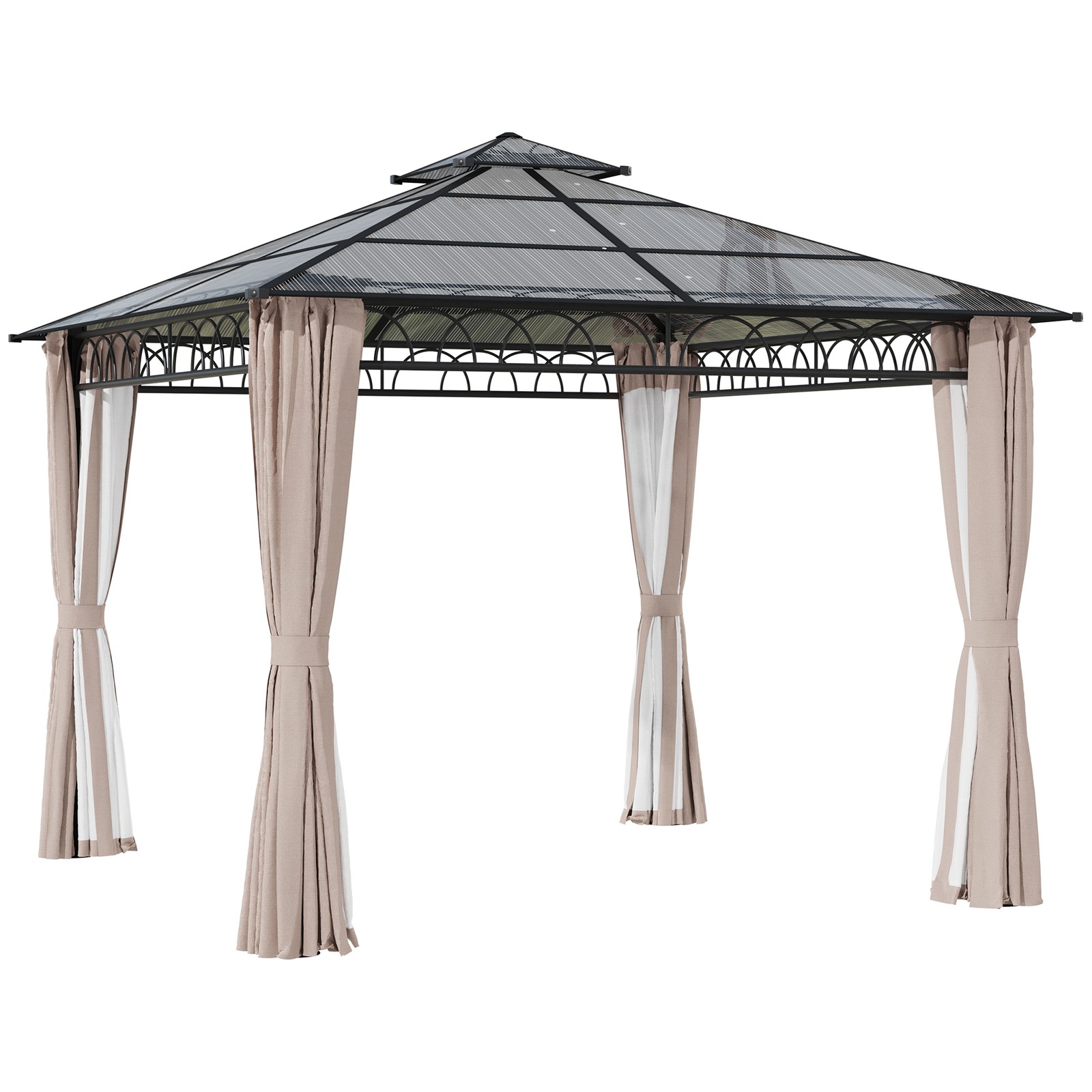 Outsunny 3 x 3 (m) Double Roof Hard Top Gazebo w/Nettings & Curtains, Khaki