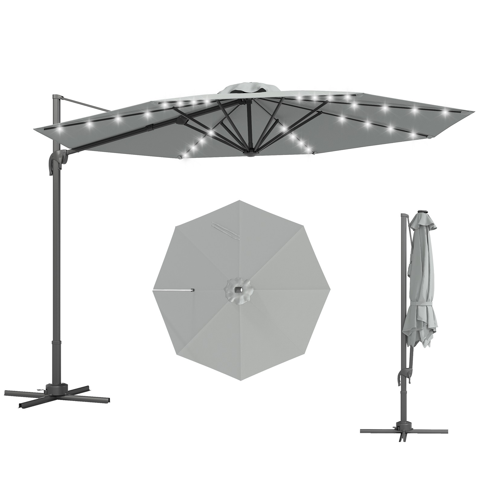 Outsunny 3(m) Cantilever Parasol Patio Sun Umbrella w/ Base Solar Lights Grey