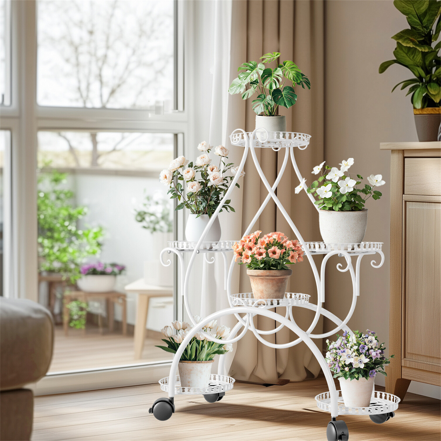 Metal Floral Indoor Outdoor Plant Stand European Style White 6 Pots Display Rack